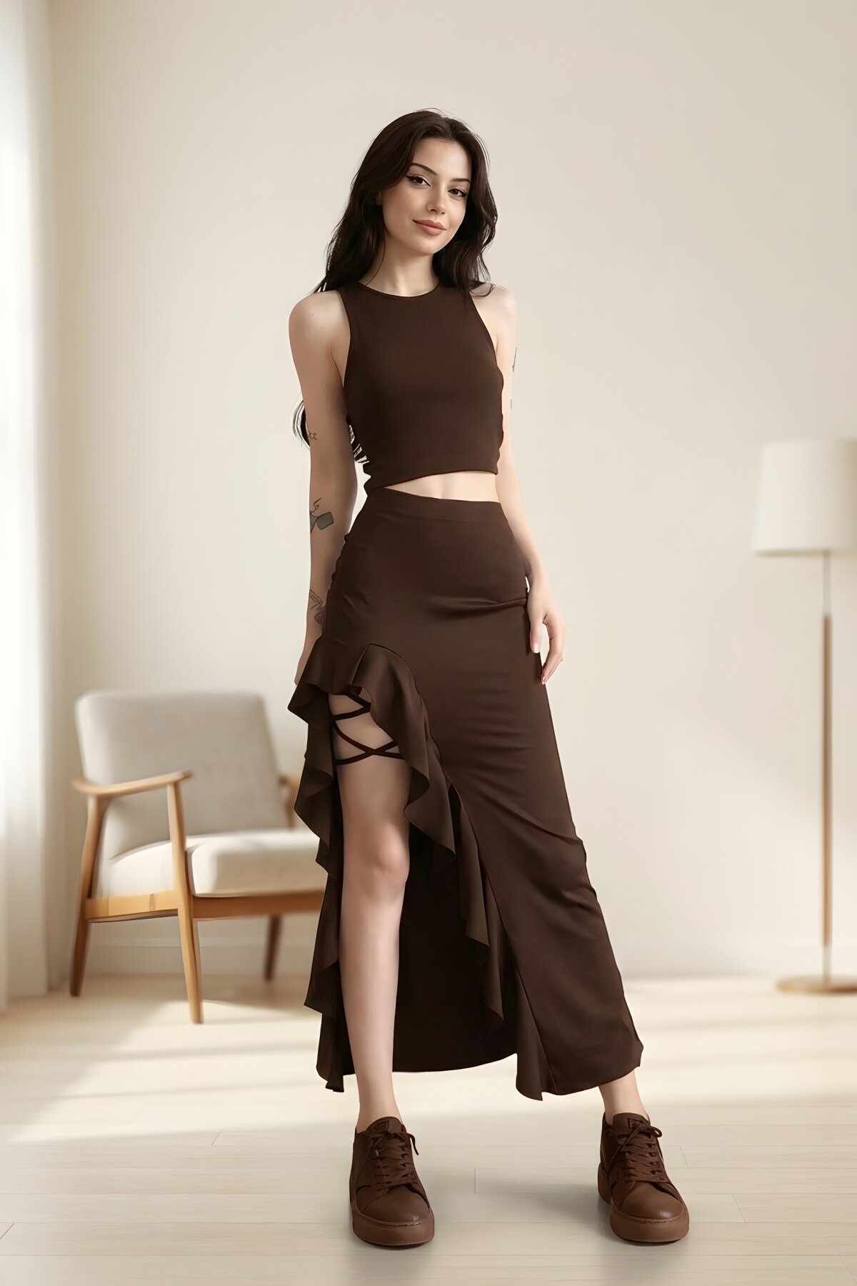 Kahverengi Etnik Maksi Balık Gotik Yırtmaçlı Etek