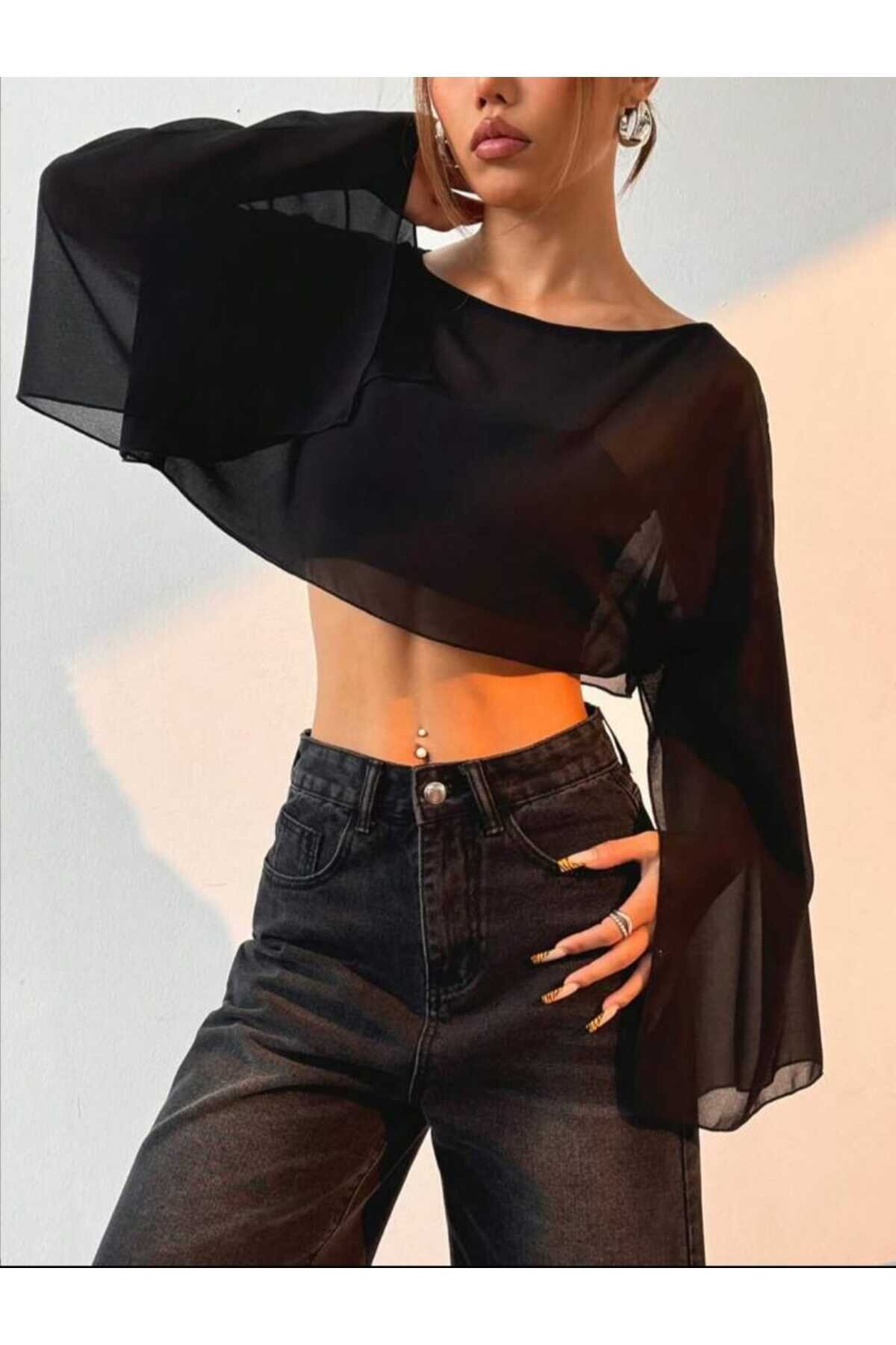 Siyah Dökümlü Yarasa Kollu Tül Crop Bluz - Charango