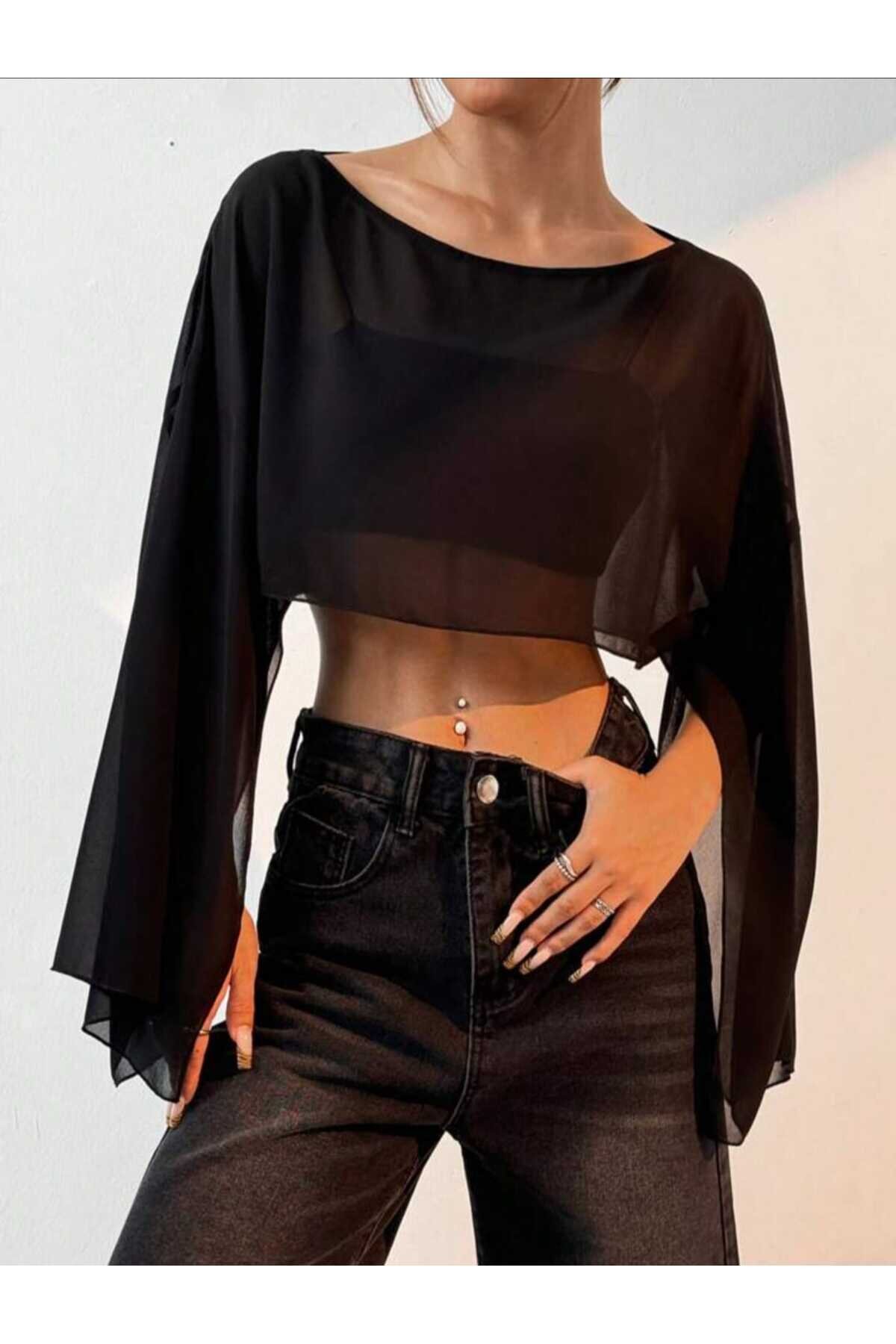 Siyah Dökümlü Yarasa Kollu Tül Crop Bluz - Charango