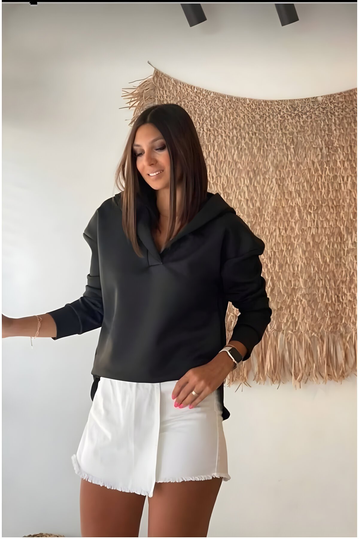 Oversize Long Back Hooded Sweatshirt - Black - Charango