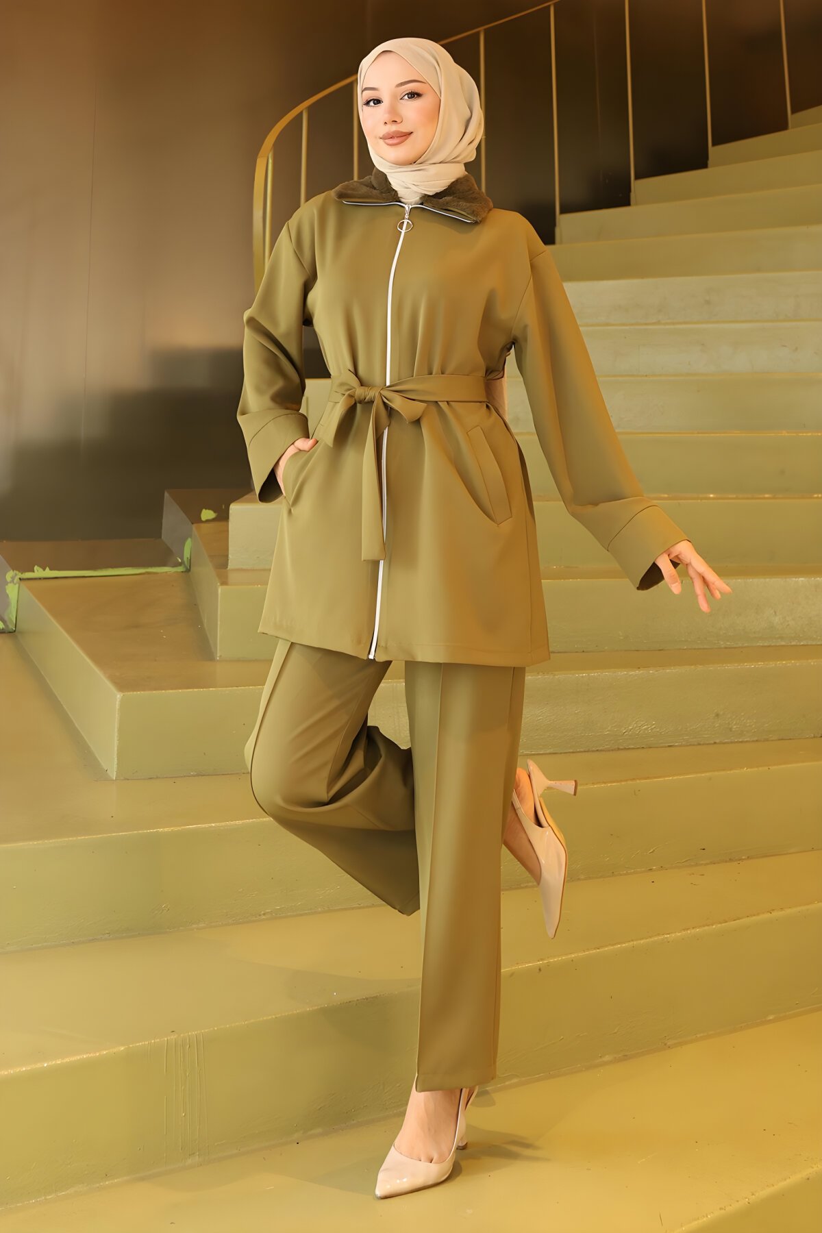 Two-Piece Modest Fur-Detail Set - Khaki - Modamihram