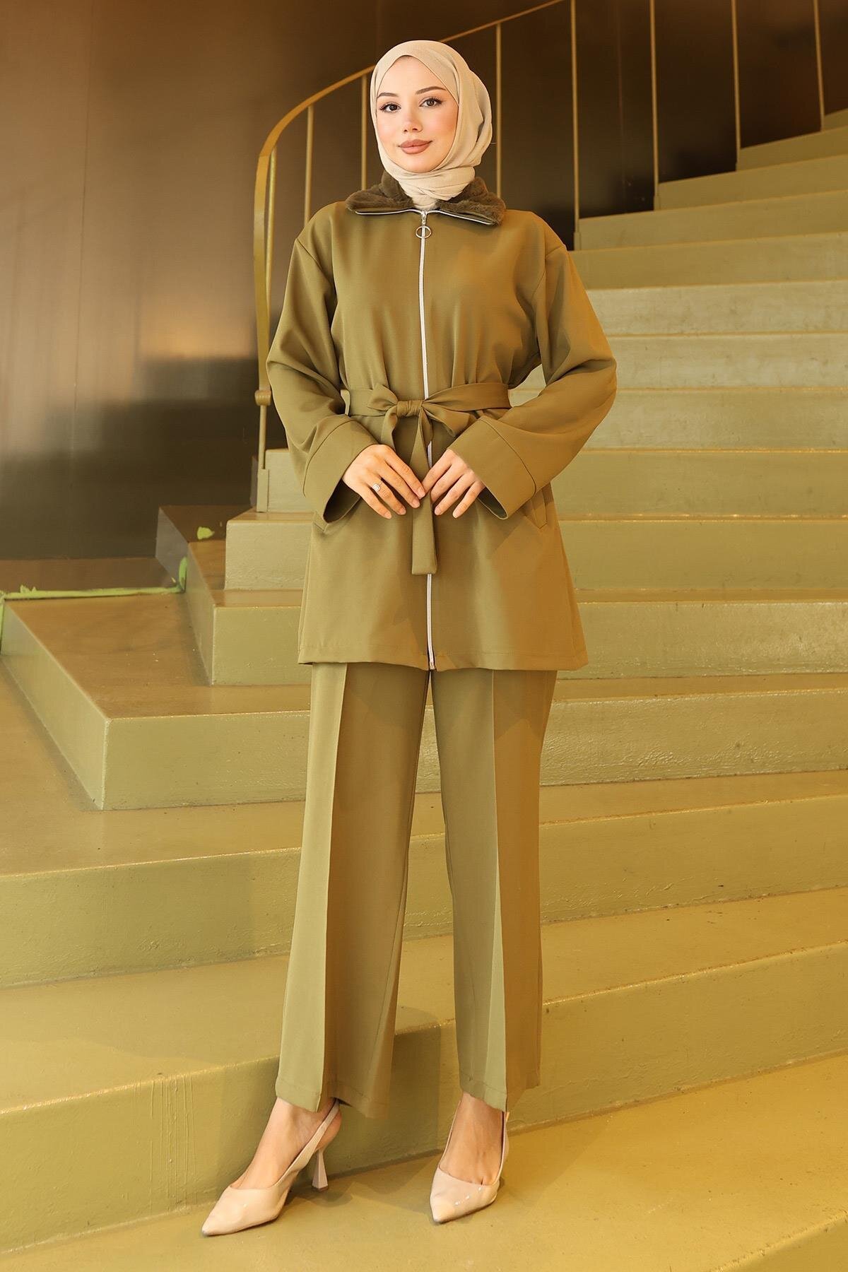 Two-Piece Modest Fur-Detail Set - Khaki - Modamihram