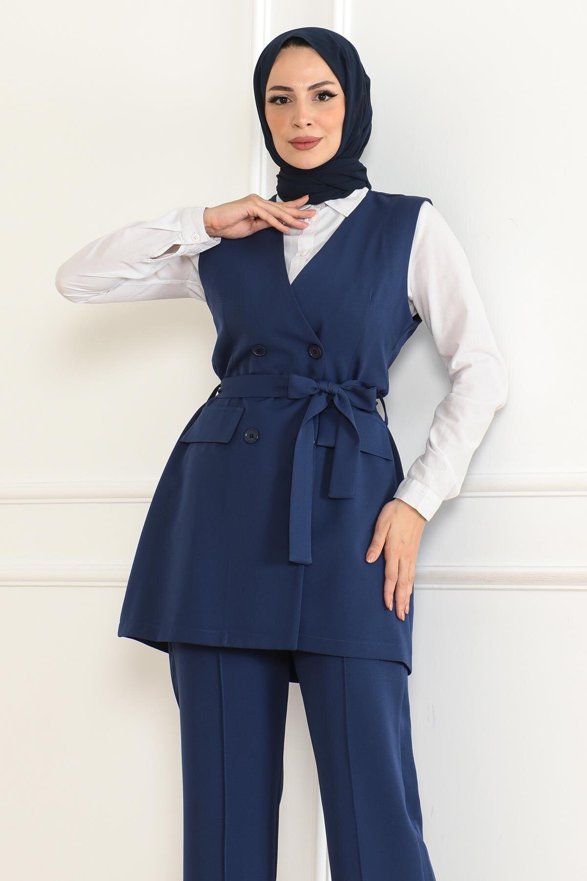 Two-Piece Belt-Detailed Modest Set - Indigo - Modamihram