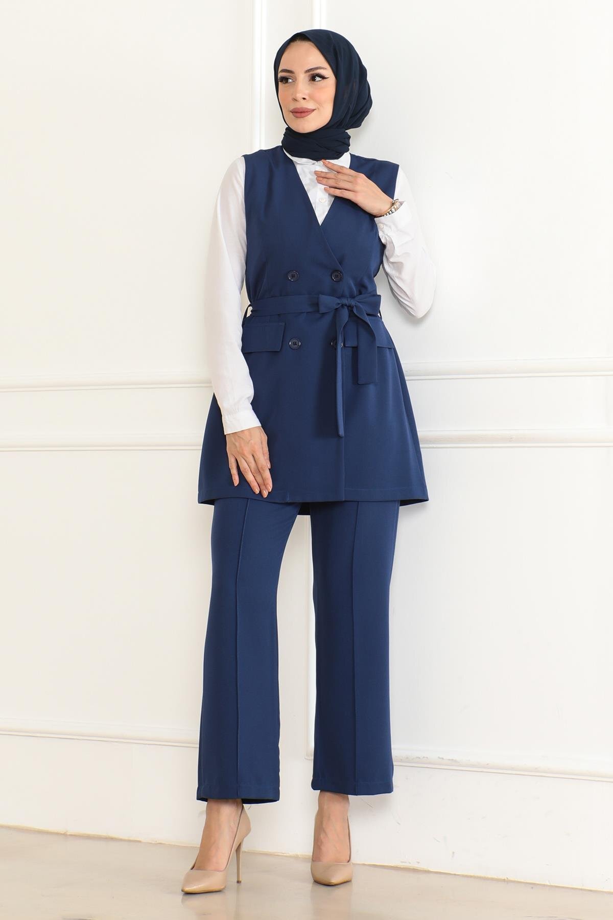 Two-Piece Belt-Detailed Modest Set - Indigo - Modamihram