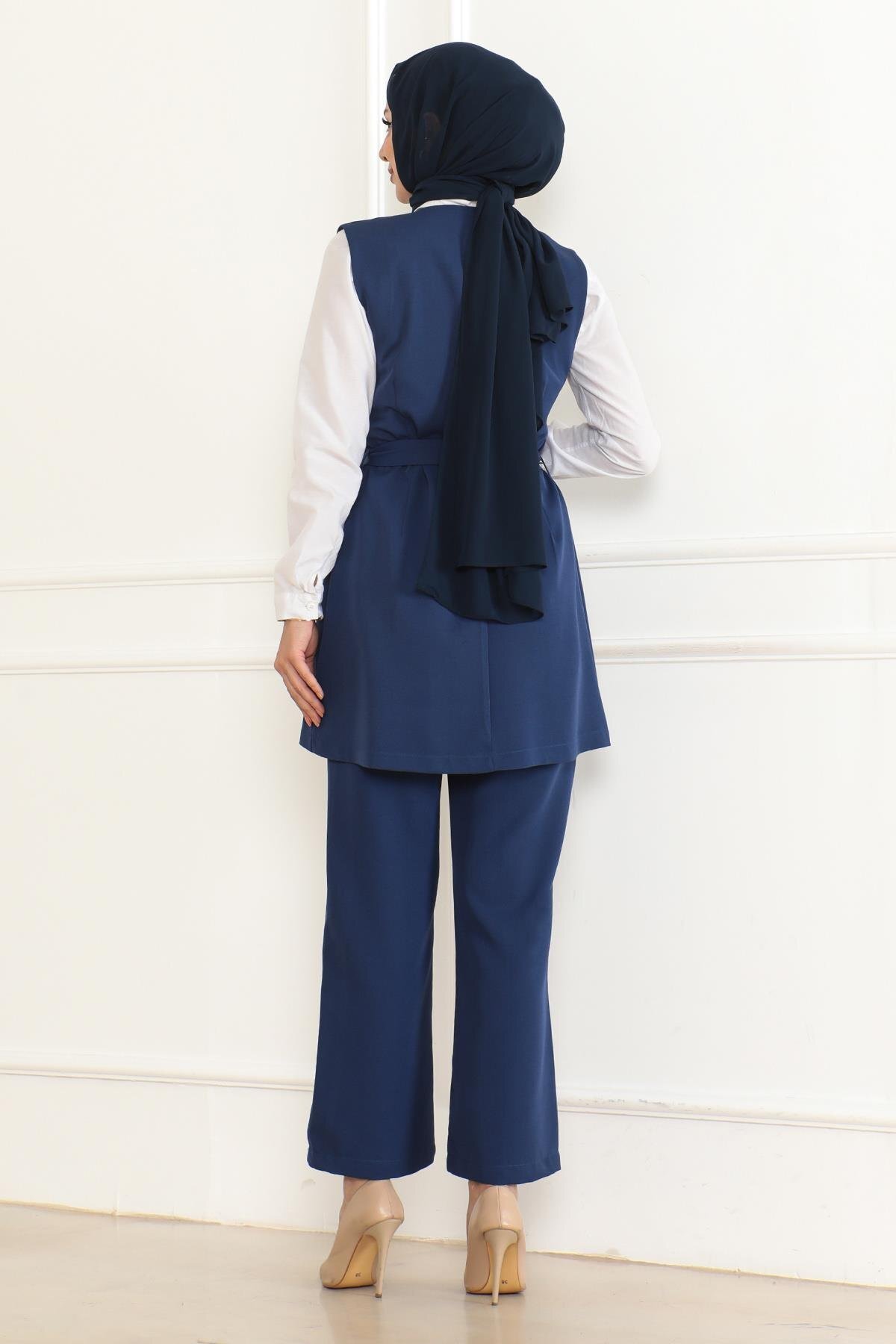 Two-Piece Belt-Detailed Modest Set - Indigo - Modamihram