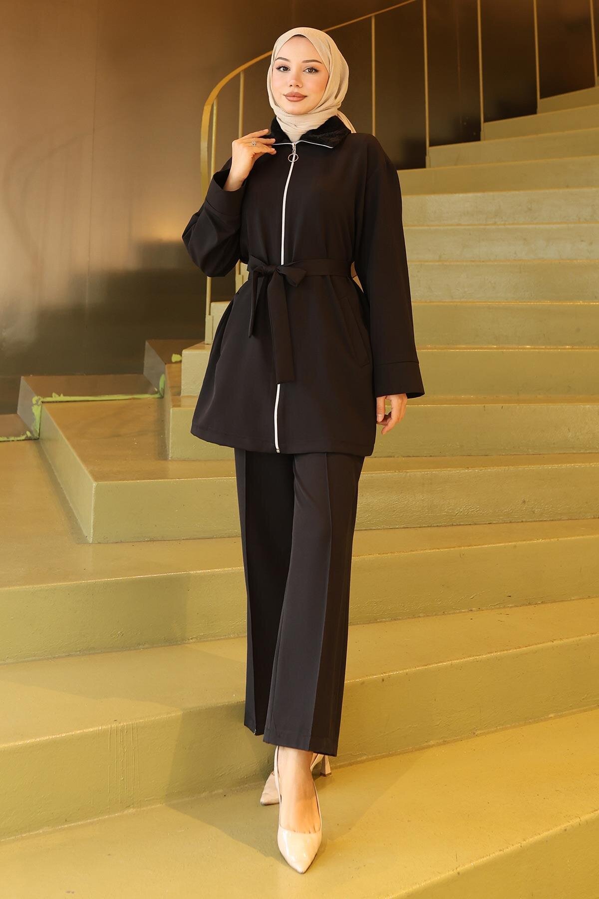 Two-Piece Fur Collar Detail Modest Set - Black - Modamihram