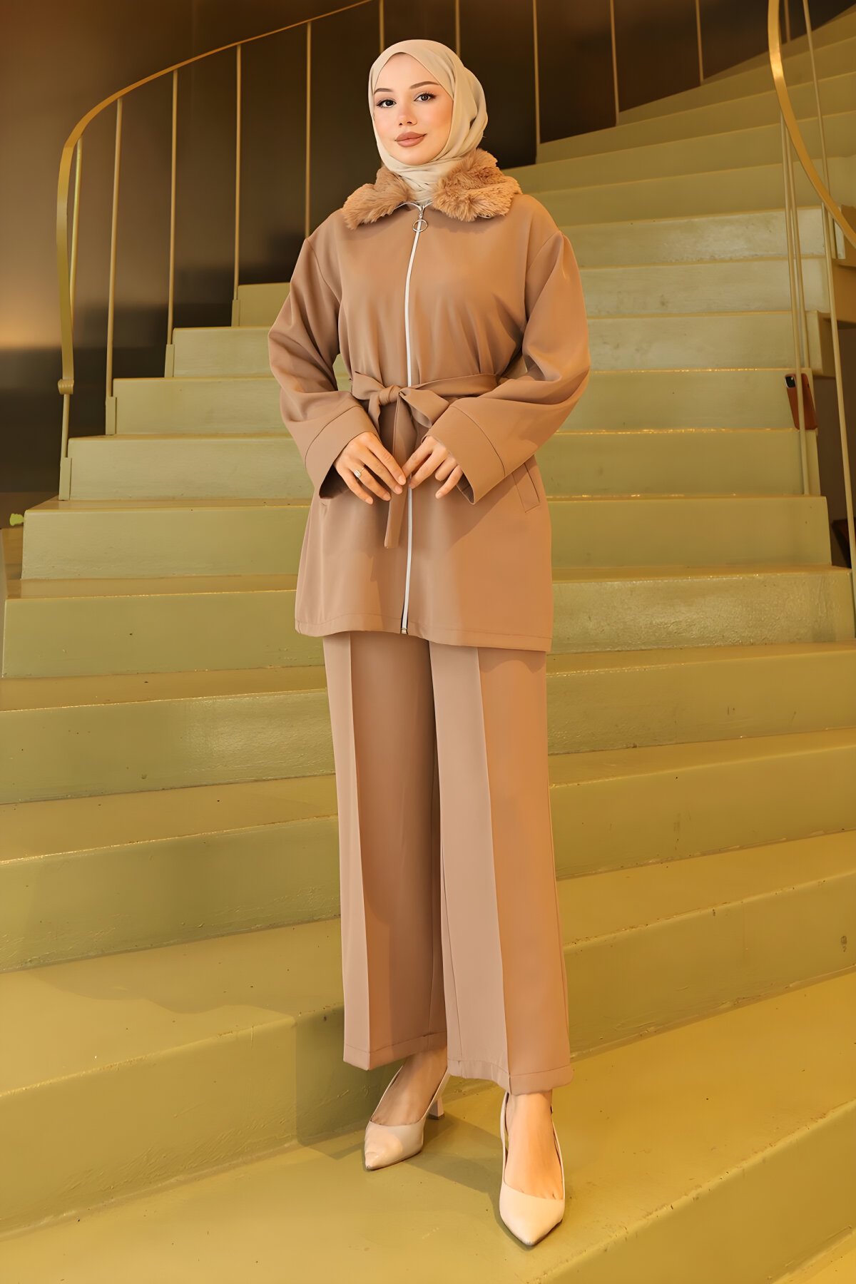 Modest Fur-Detail Two-Piece Set - Mink - Modamihram