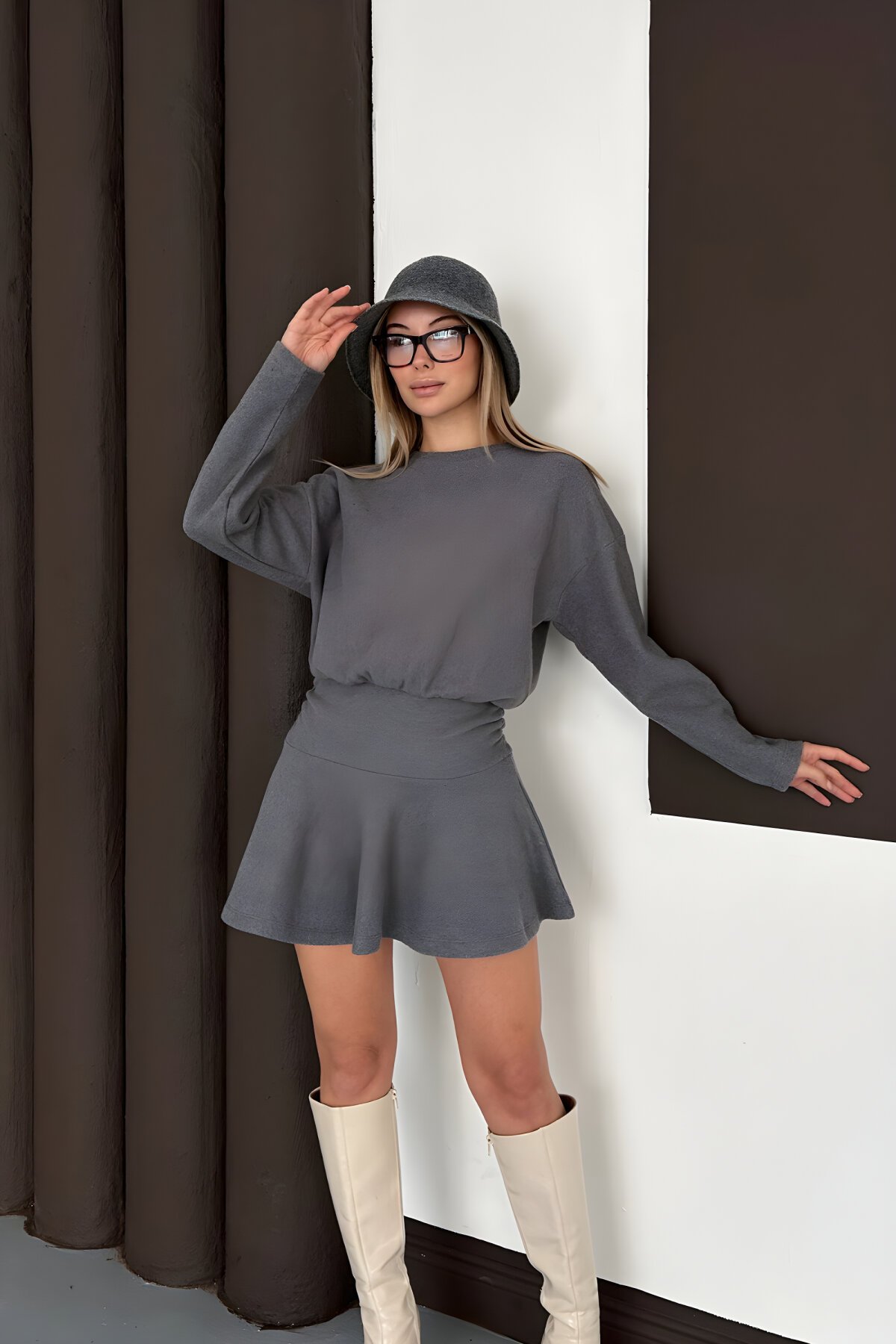 Antrasit Mini Bisiklet Yaka Drapeli Elbise - MOZENA