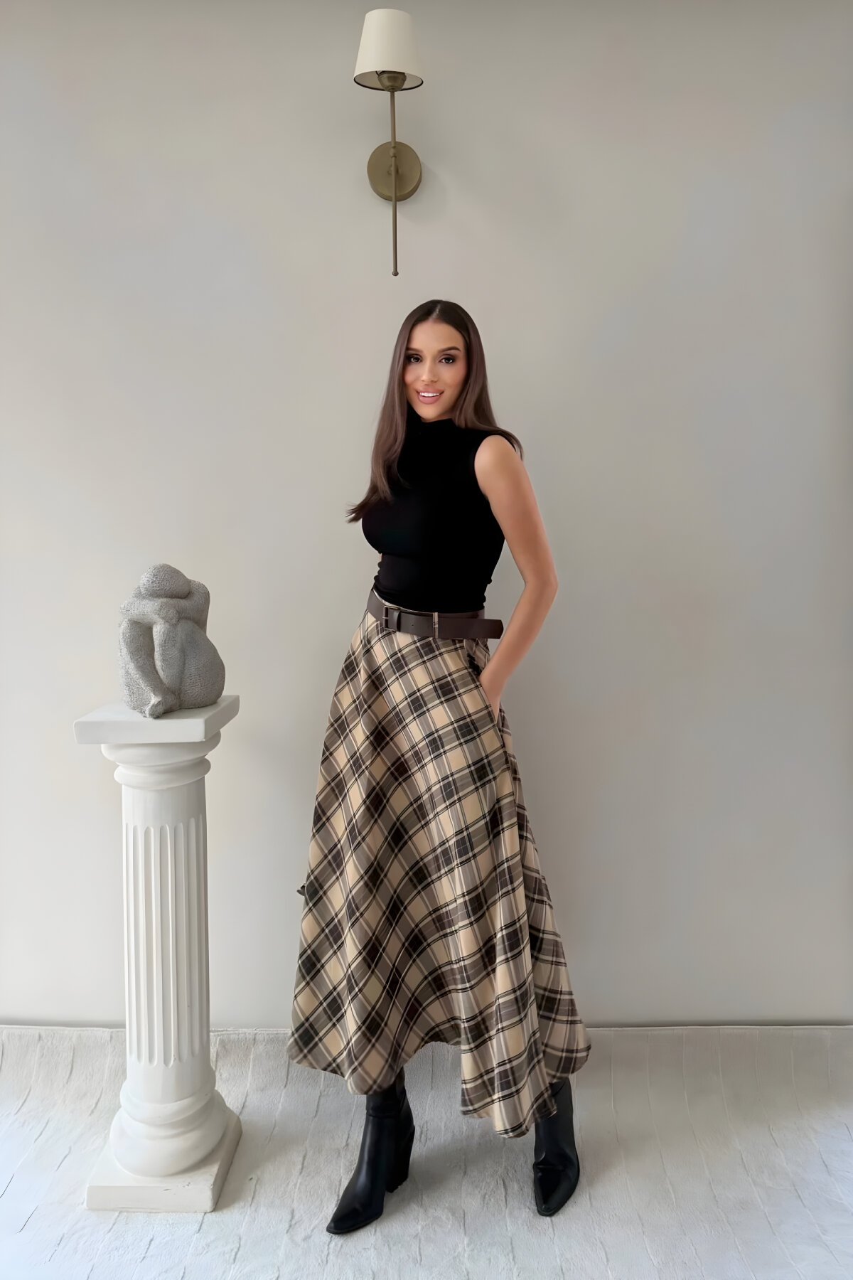 Bej Ekose Desen Midi Kemer Detay Etek - MOZENA