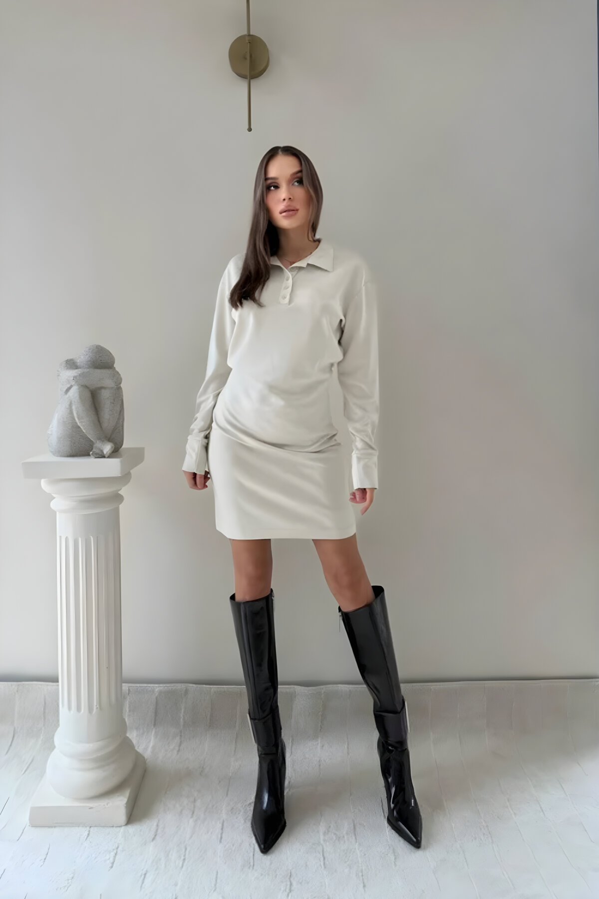 Bej Mini Polo Yaka Bel Drape Detaylı Elbise - MOZENA