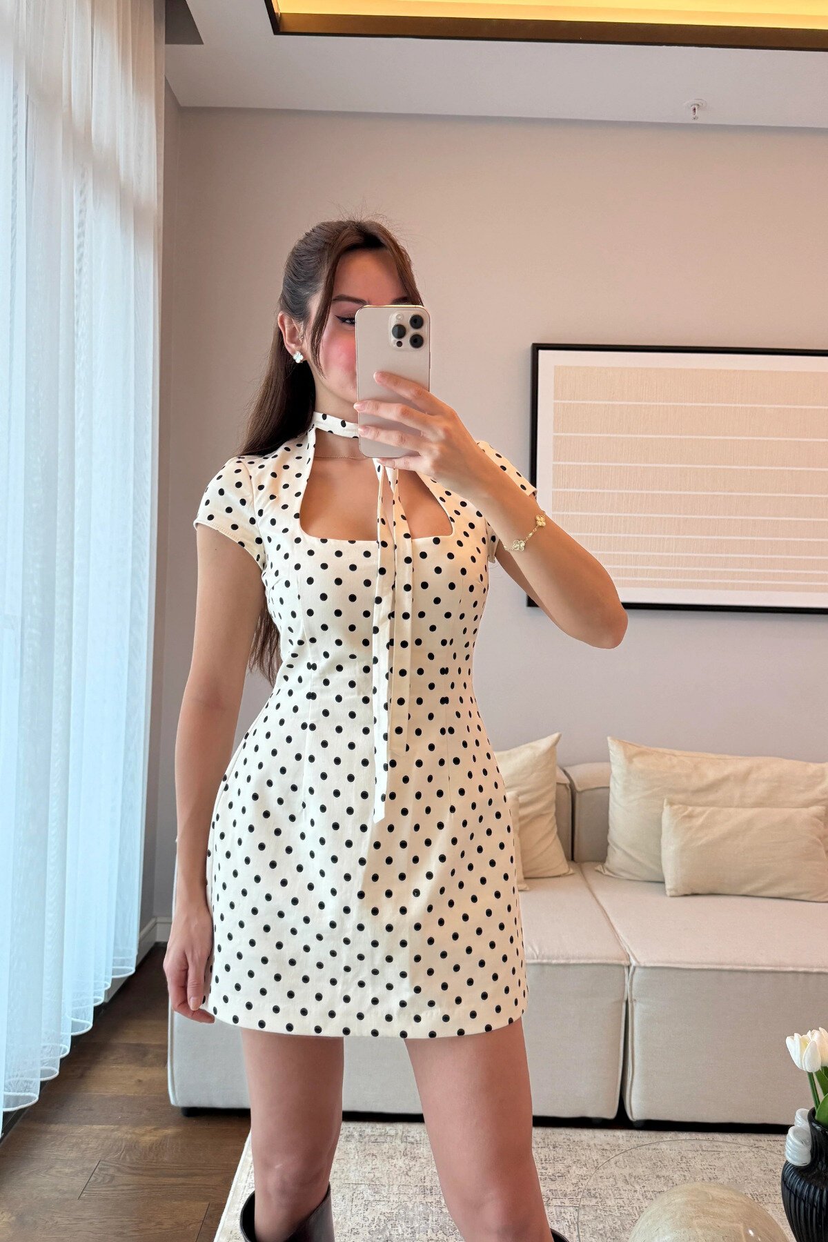 Mini Polka Dot Scarf-Detail Dress - White - MOZENA