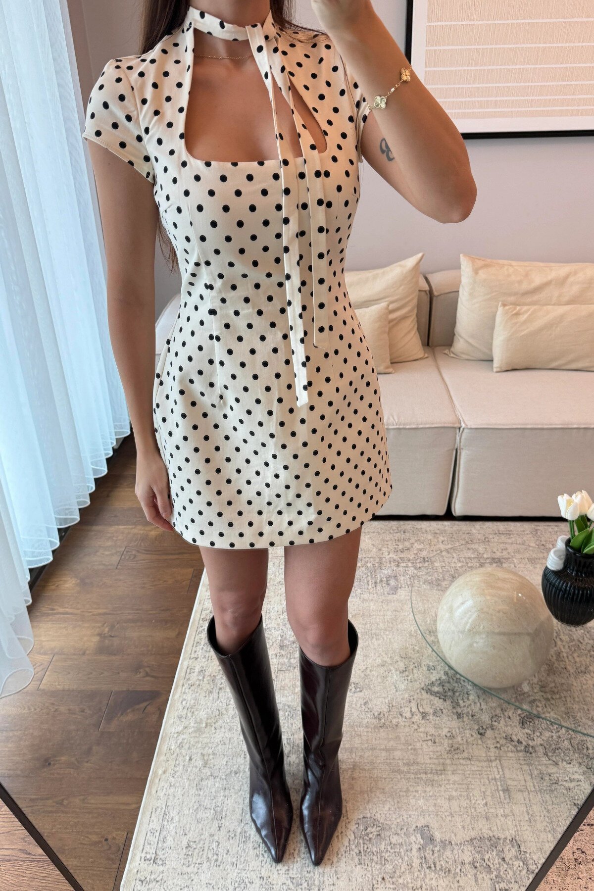 Mini Polka Dot Scarf-Detail Dress - White - MOZENA