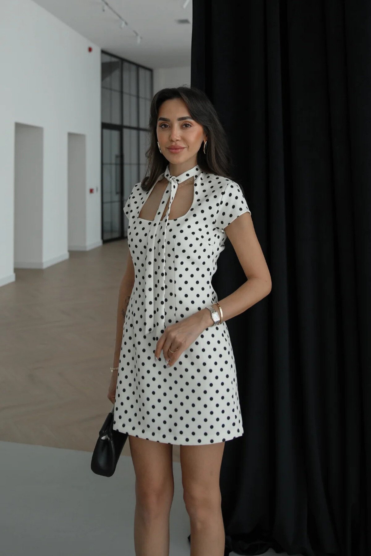 Mini Polka Dot Design Dress - White - MOZENA