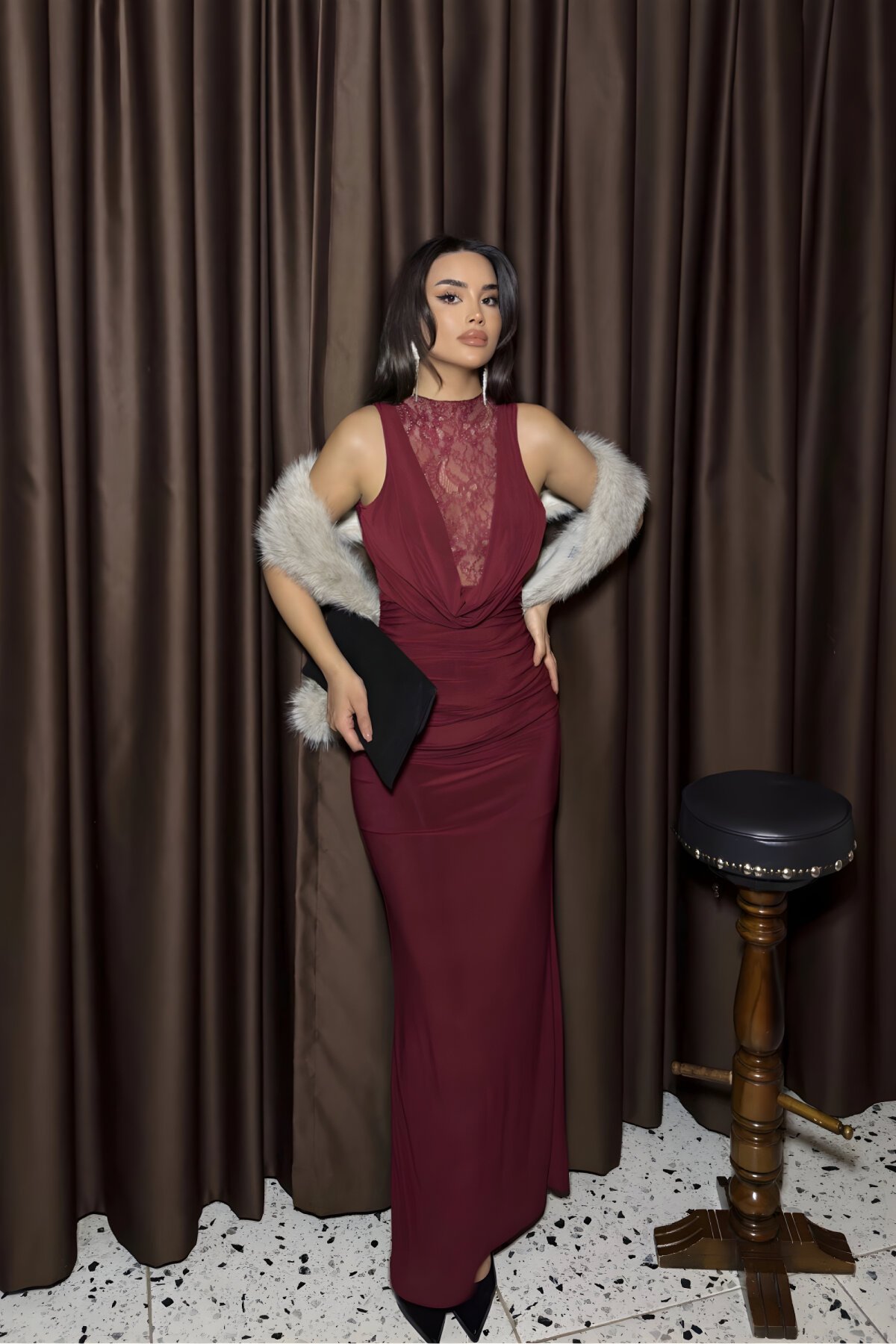 Bordo Dantel Uzun Degaje Yaka Abiye Elbise - MOZENA