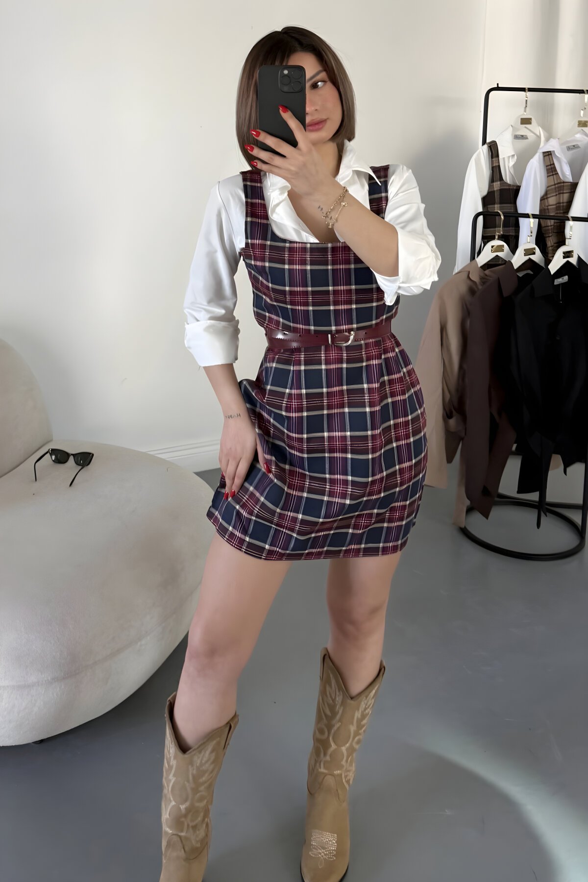 Mini Plaid Thick Strap Shirt Dress - Burgundy - MOZENA