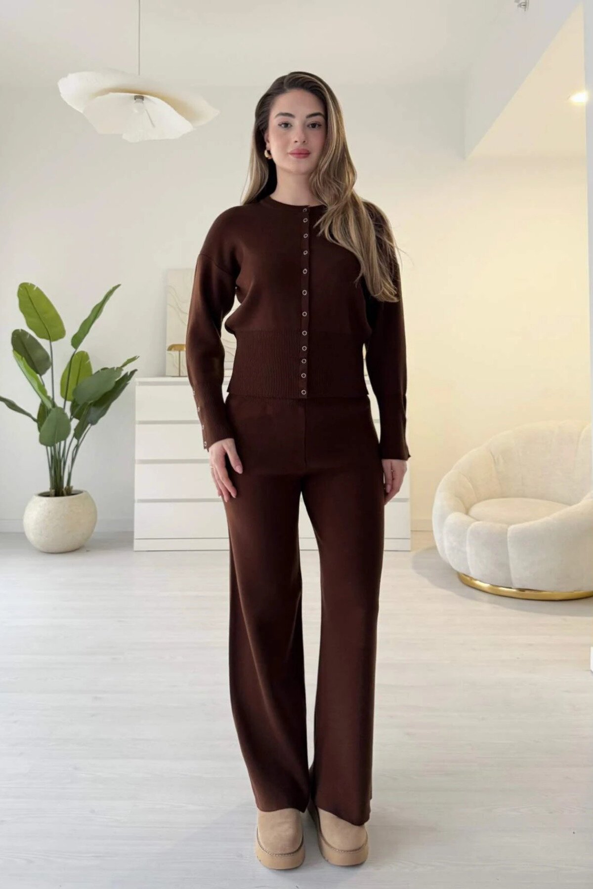 Waist-Fitted Knit Snap-Button Two-Piece Set - Brown - MOZENA