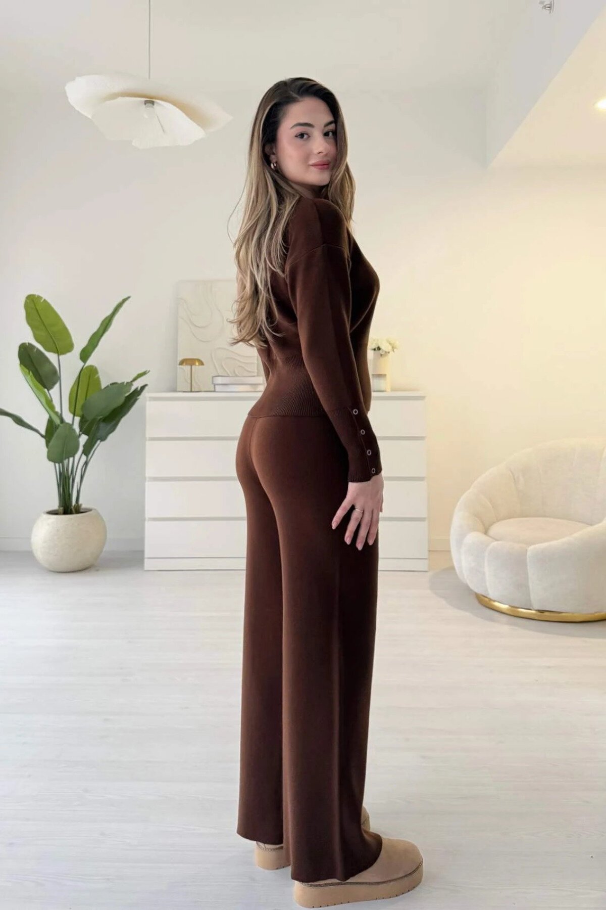 Waist-Fitted Knit Snap-Button Two-Piece Set - Brown - MOZENA