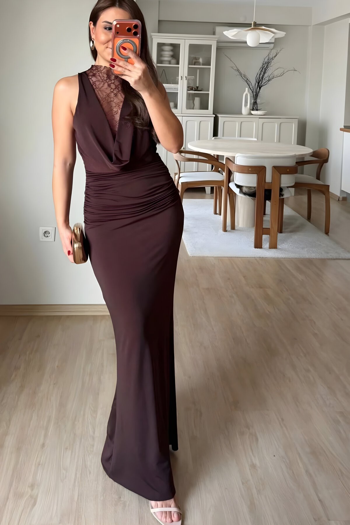 Long Lace Guipure Decollete Evening Dress - Brown - MOZENA