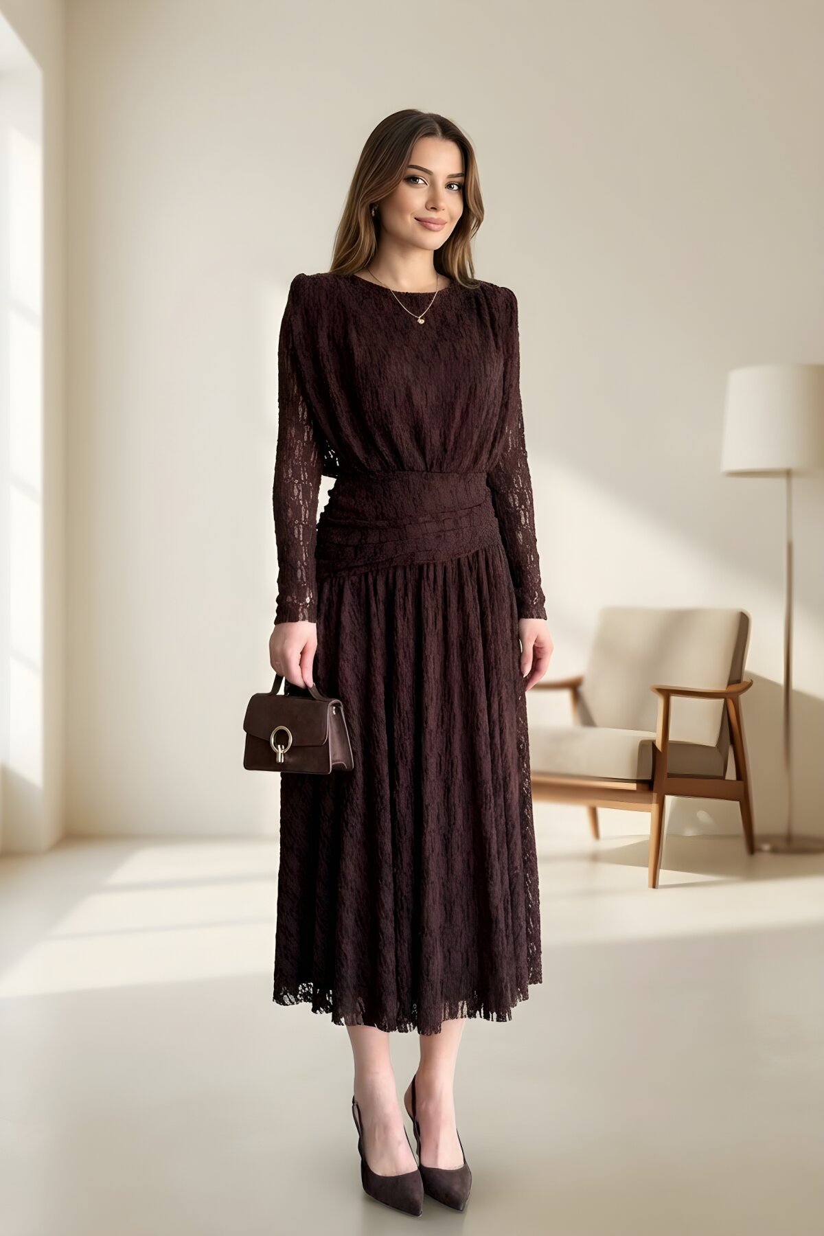 Kahverengi Dantel Güpürlü Uzun Bel Detaylı Elbise - MOZENA