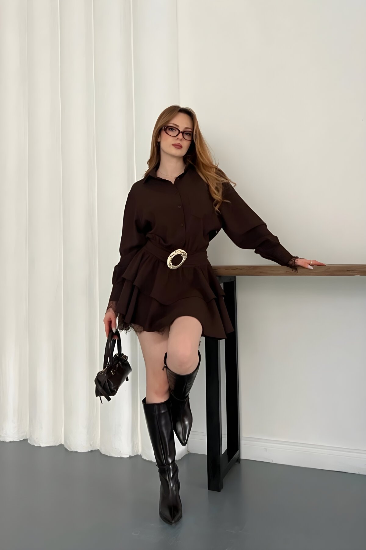 Mini Lace Belted Shirt Dress - Brown - MOZENA