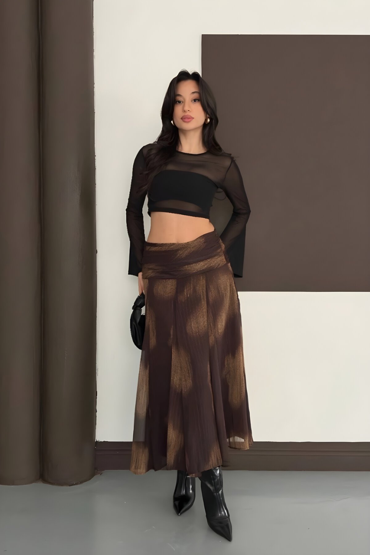 Kahverengi Desenli Uzun Drapeli Şifon Etek