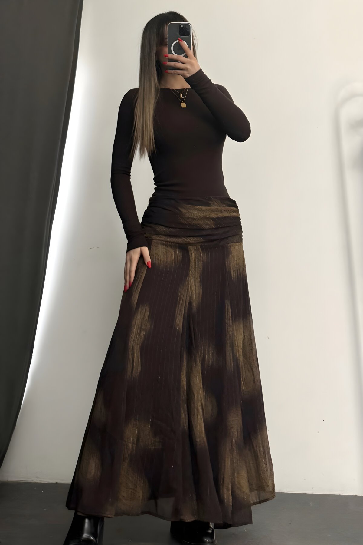 Kahverengi Desenli Uzun Şifon Etek