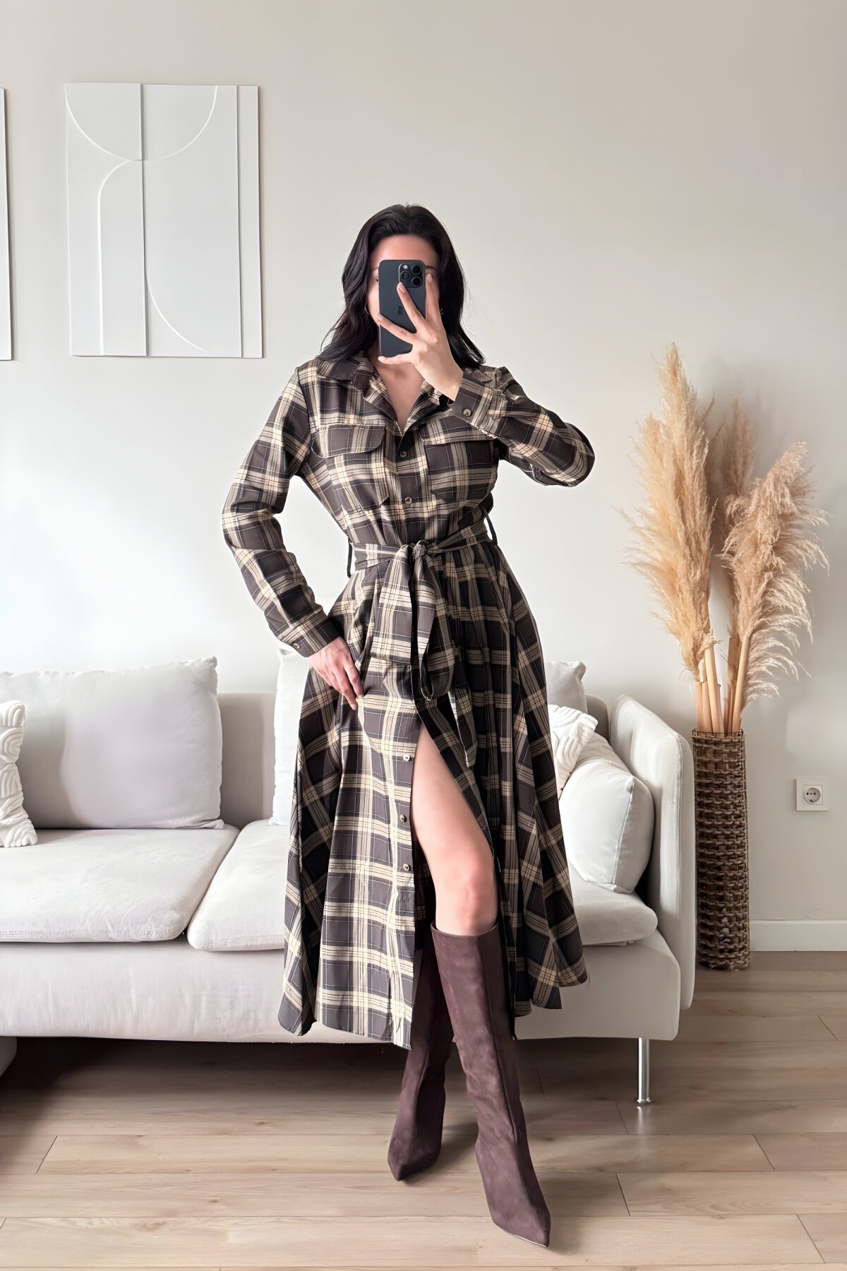 Long Plaid Belted Shirt Dress - Brown - MOZENA