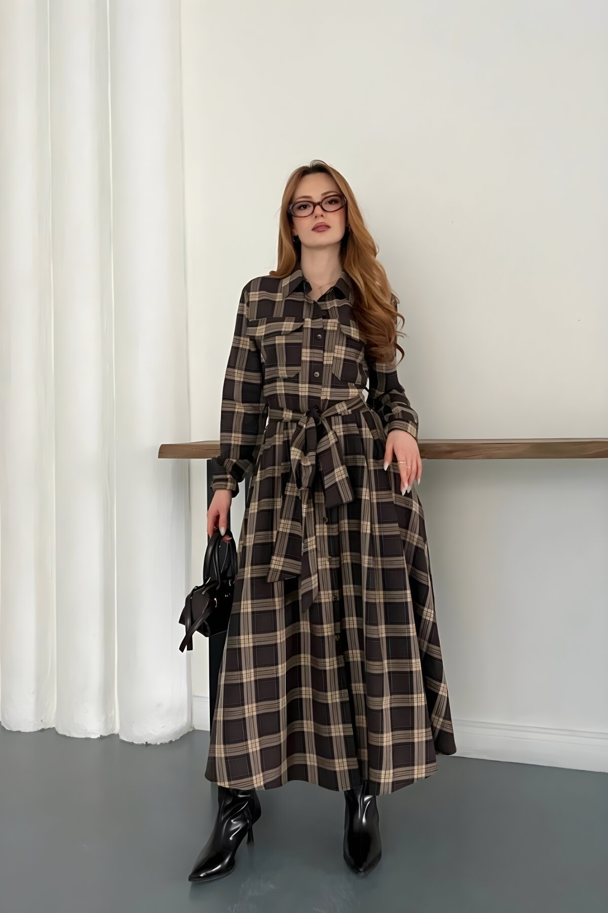 Long Plaid Tie-Waist Shirt Dress - Brown - MOZENA