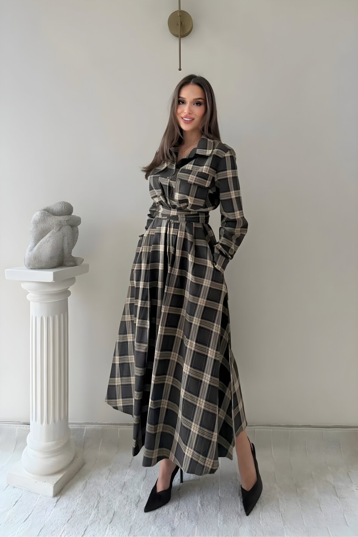 Long Plaid Belted Shirt Dress - Brown - MOZENA
