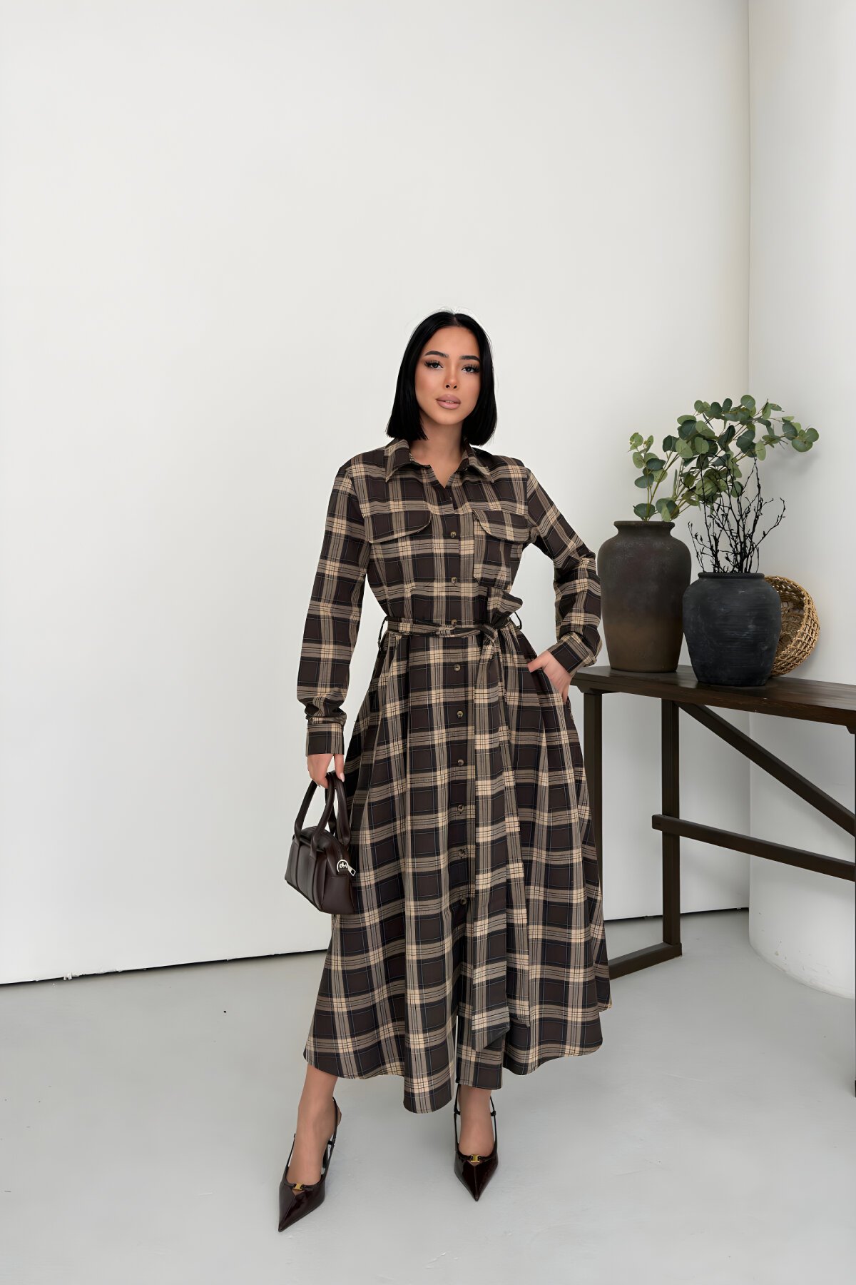 Kahverengi Ekose Uzun Kuşaklı Gömlek Elbise - MOZENA