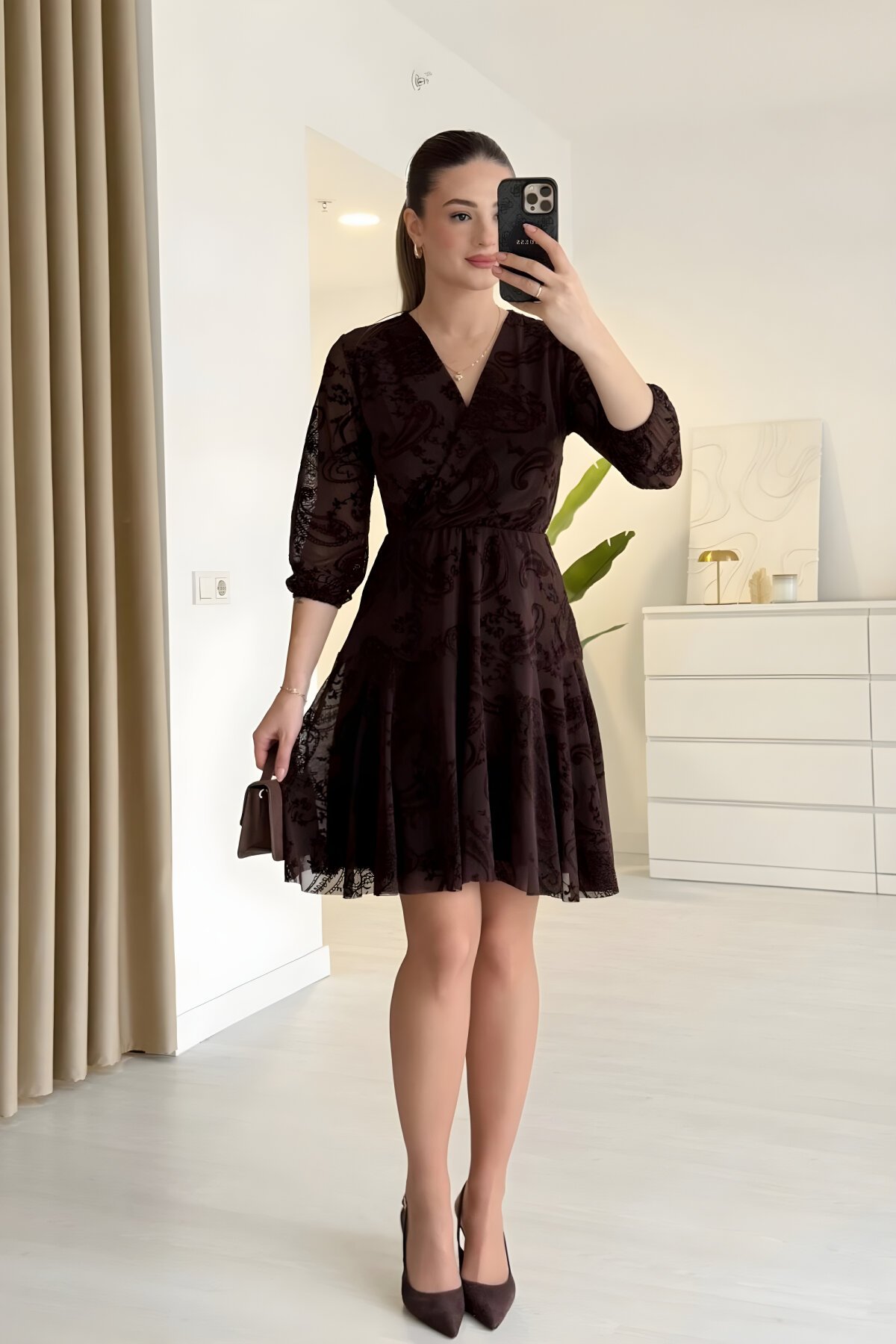 Mini Double-Breasted Flock Printed Ruffle Hem Dress - Brown - MOZENA