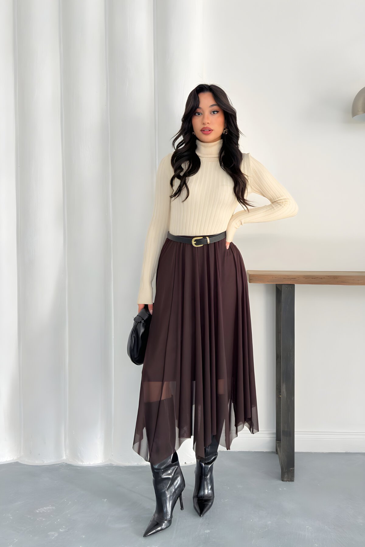 Kahverengi Midi Asimetrik Kesim İç Astarlı Tül Etek - MOZENA