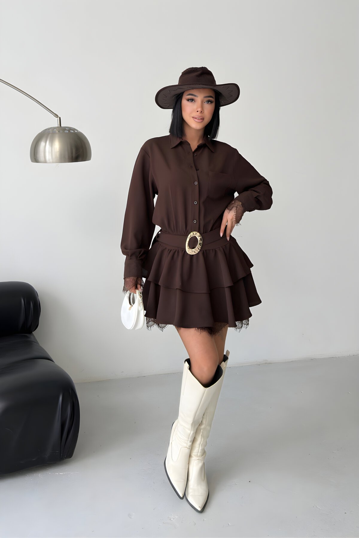 Kahverengi Mini Gömlek Kemerli Dantel Detaylı Elbise - MOZENA