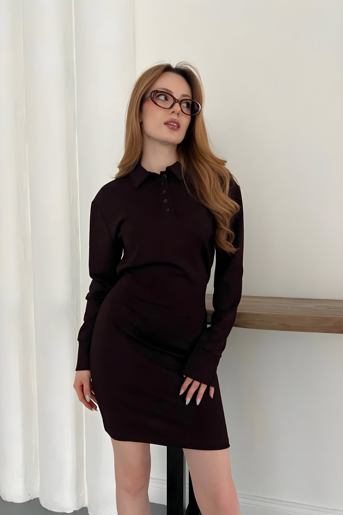 Mini Long Sleeve Polo Neck Button Detail Dress - Brown - MOZENA