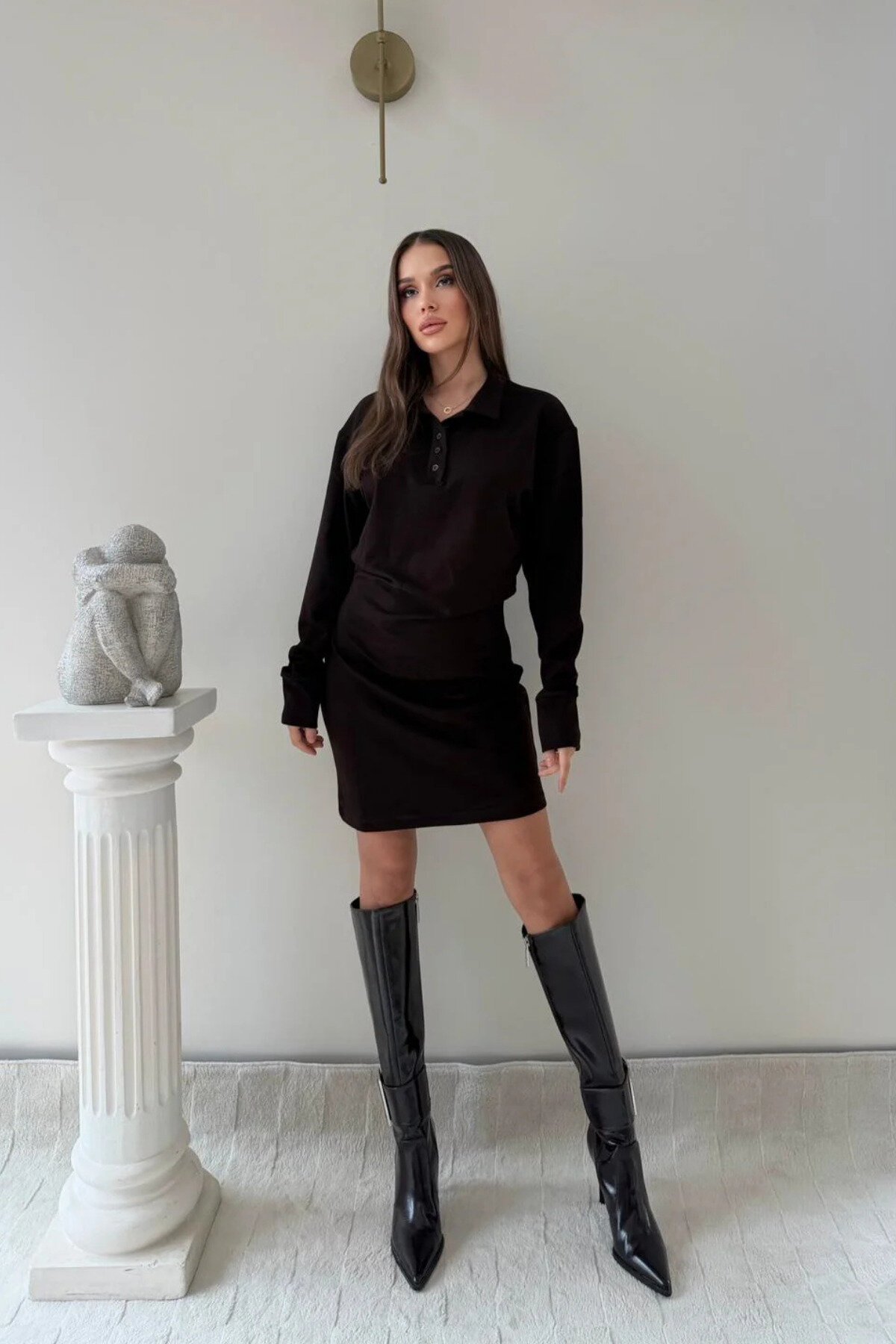 Kahverengi Polo Yaka Mini Bel Drape Modal Elbise - MOZENA