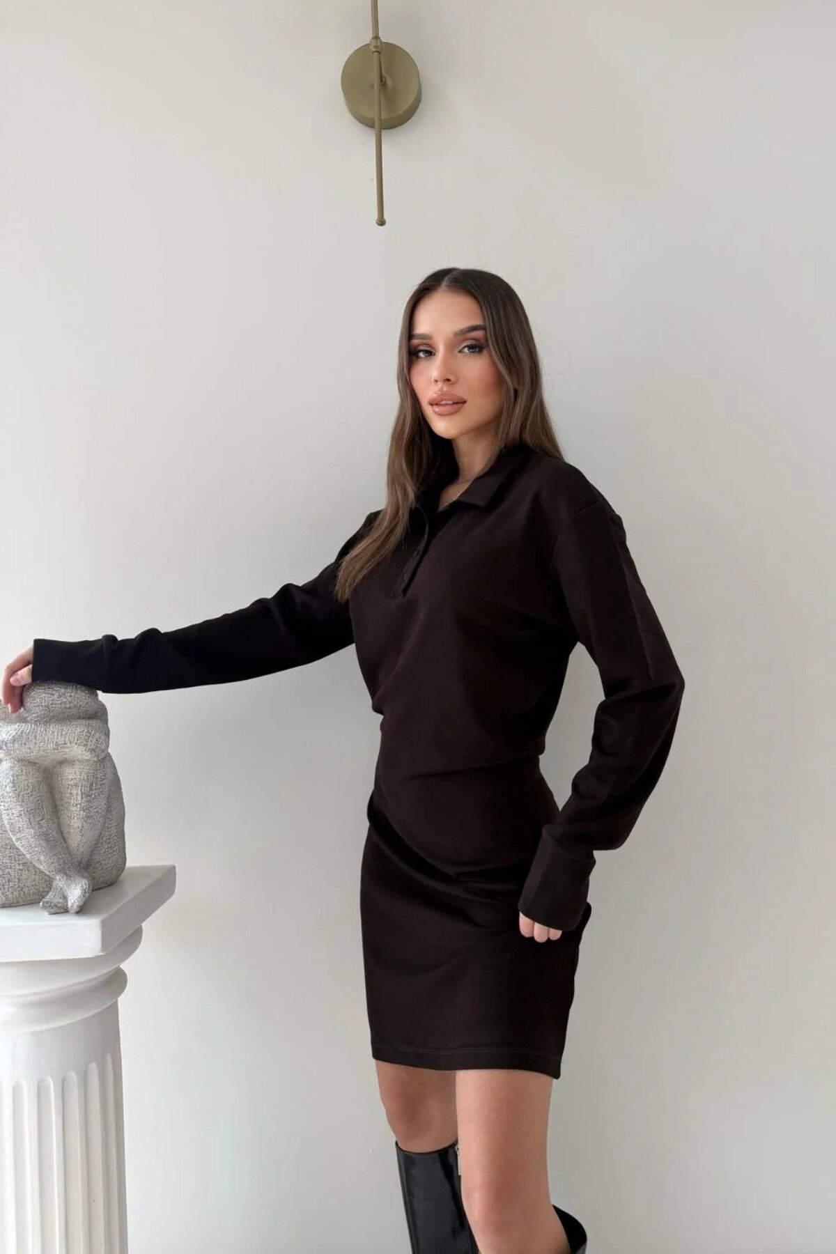 Kahverengi Polo Yaka Mini Bel Drape Modal Elbise - MOZENA