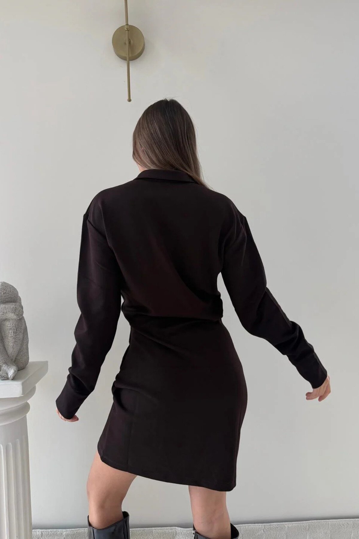 Kahverengi Polo Yaka Mini Bel Drape Modal Elbise - MOZENA