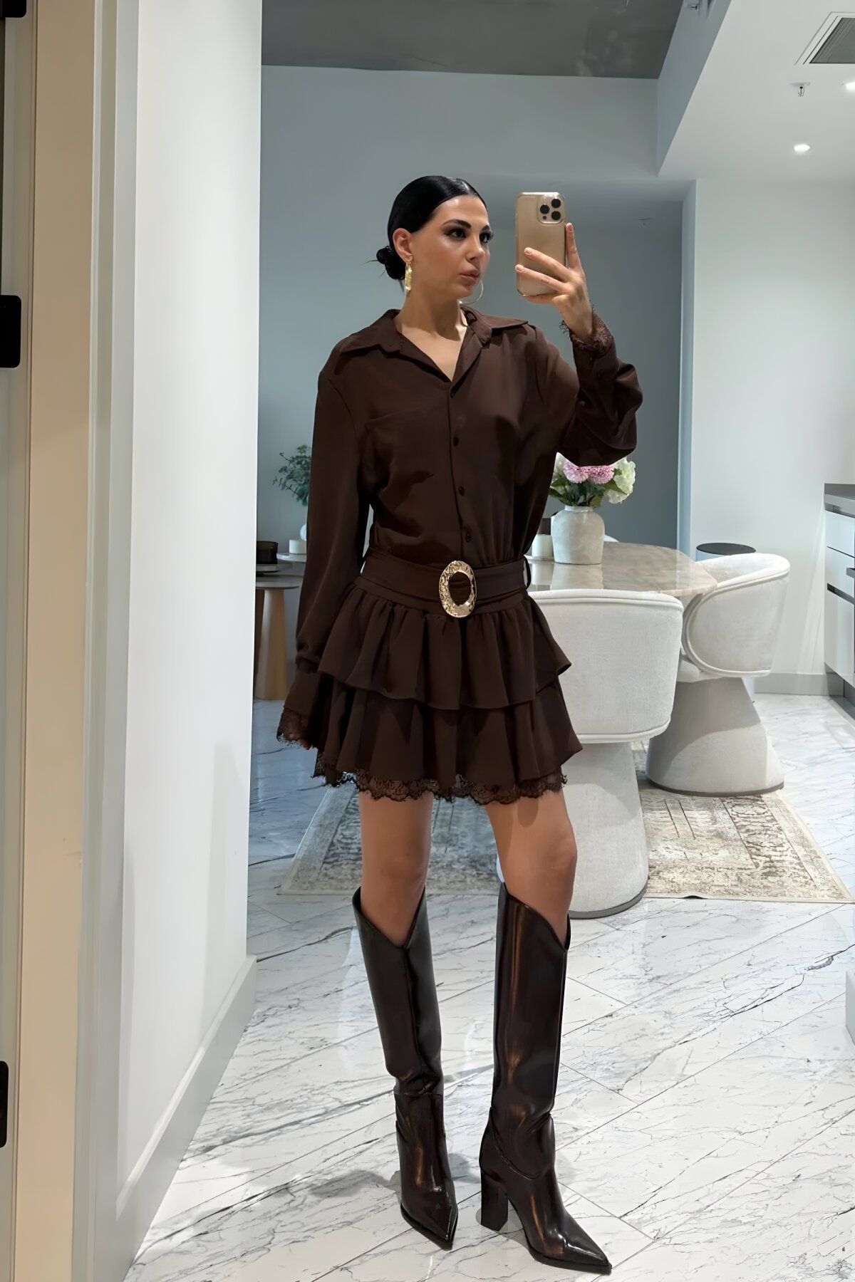 Mini Shirt Chiffon Belted Lace Detailed Dress - Brown - MOZENA