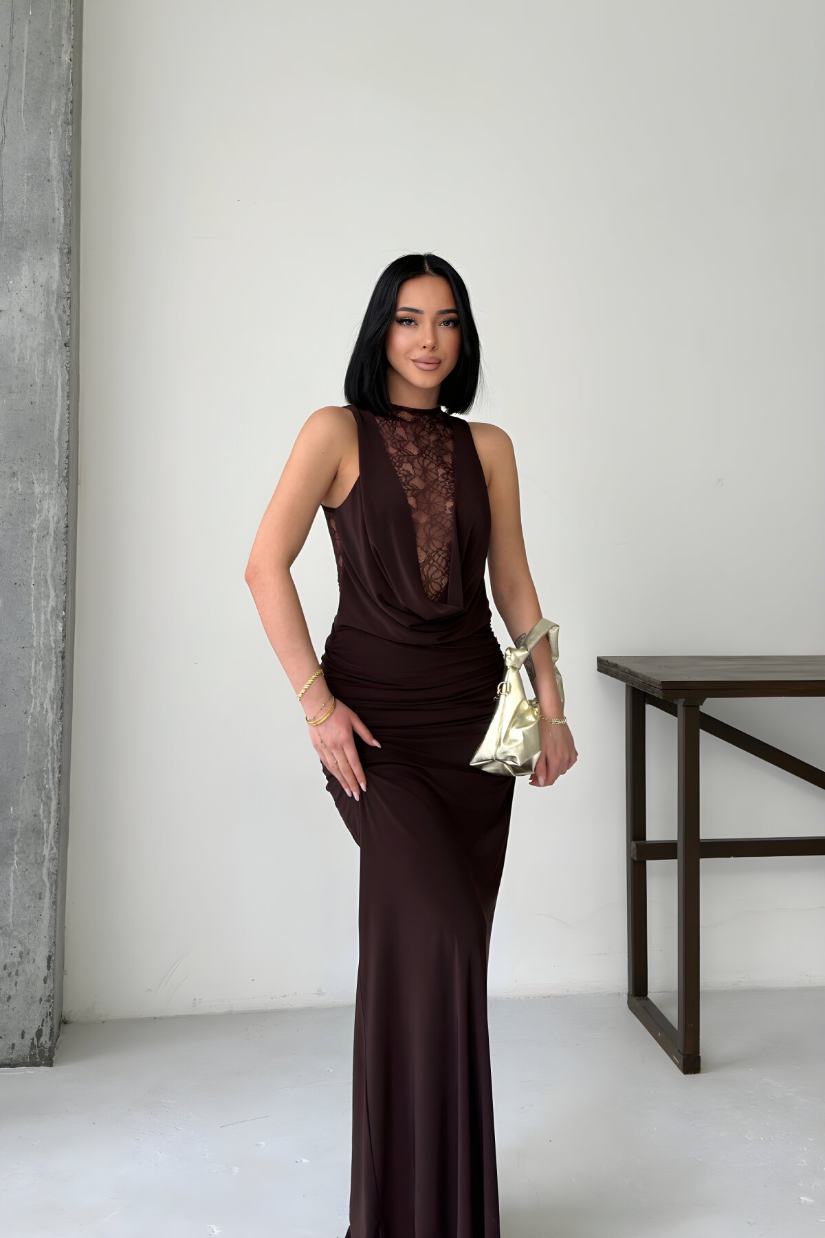 Long Lace Deep Cowl Neck Evening Dress - Brown - MOZENA