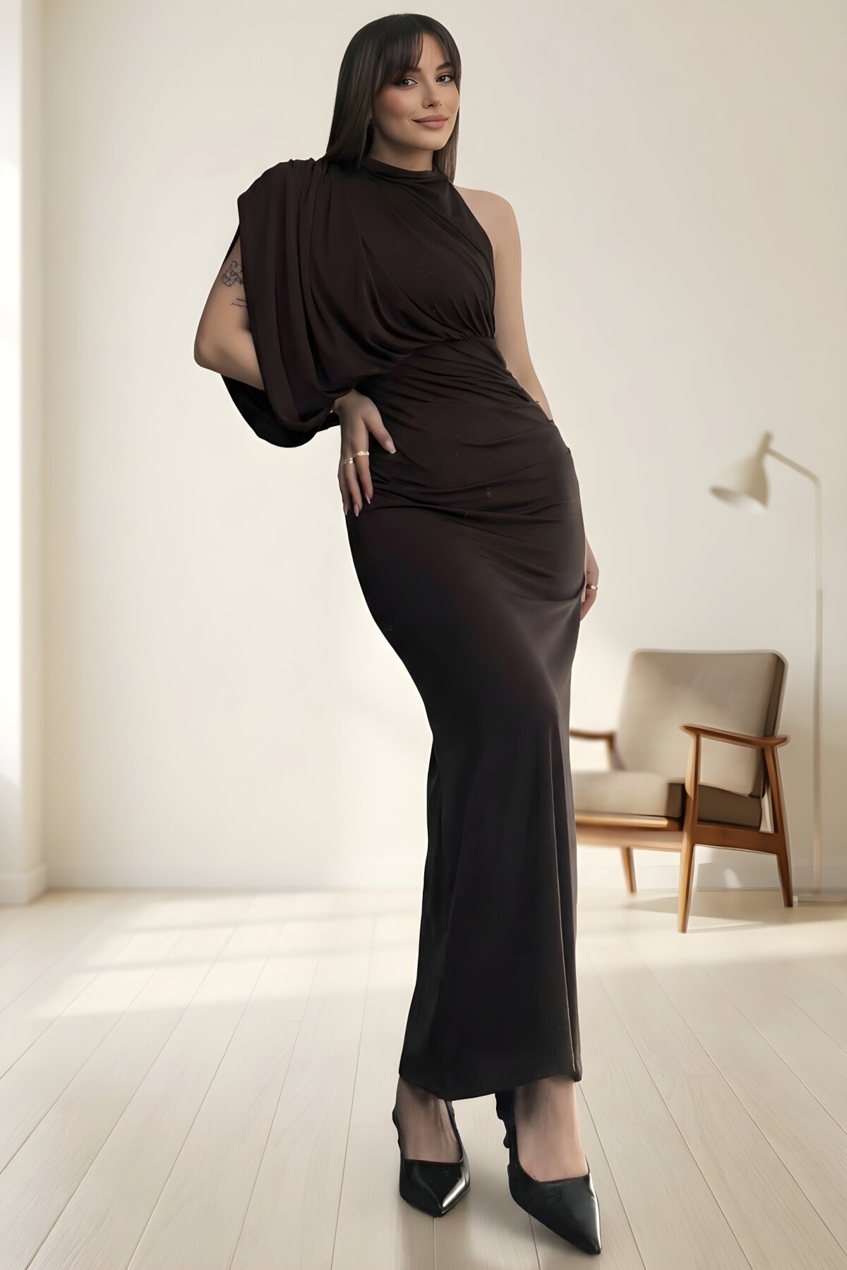 Kahverengi Uzun Tek Omuz Drapeli Abiye Elbise - MOZENA