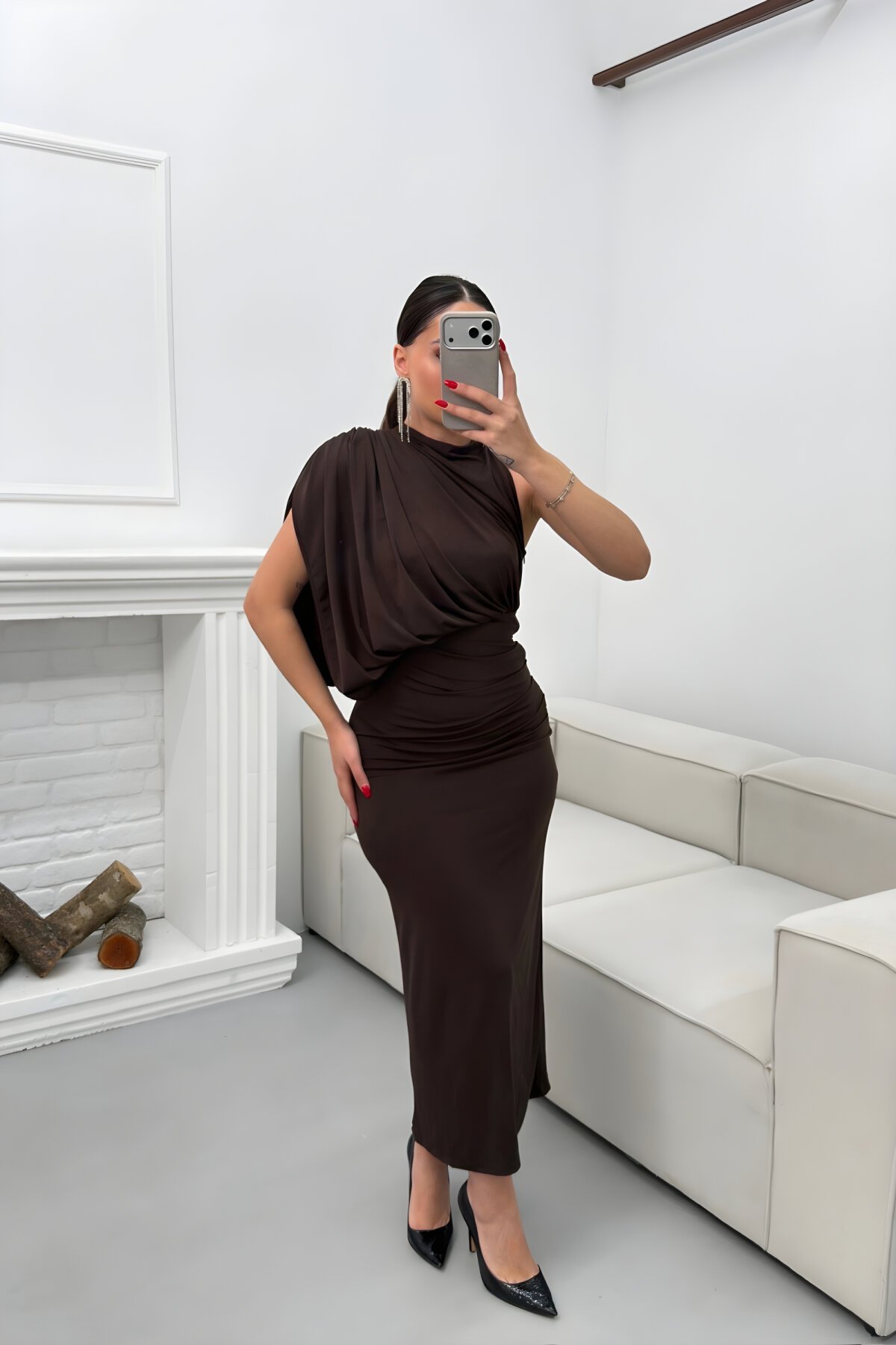 Kahverengi Uzun Tek Omuzlu Drapeli Abiye Elbise - MOZENA