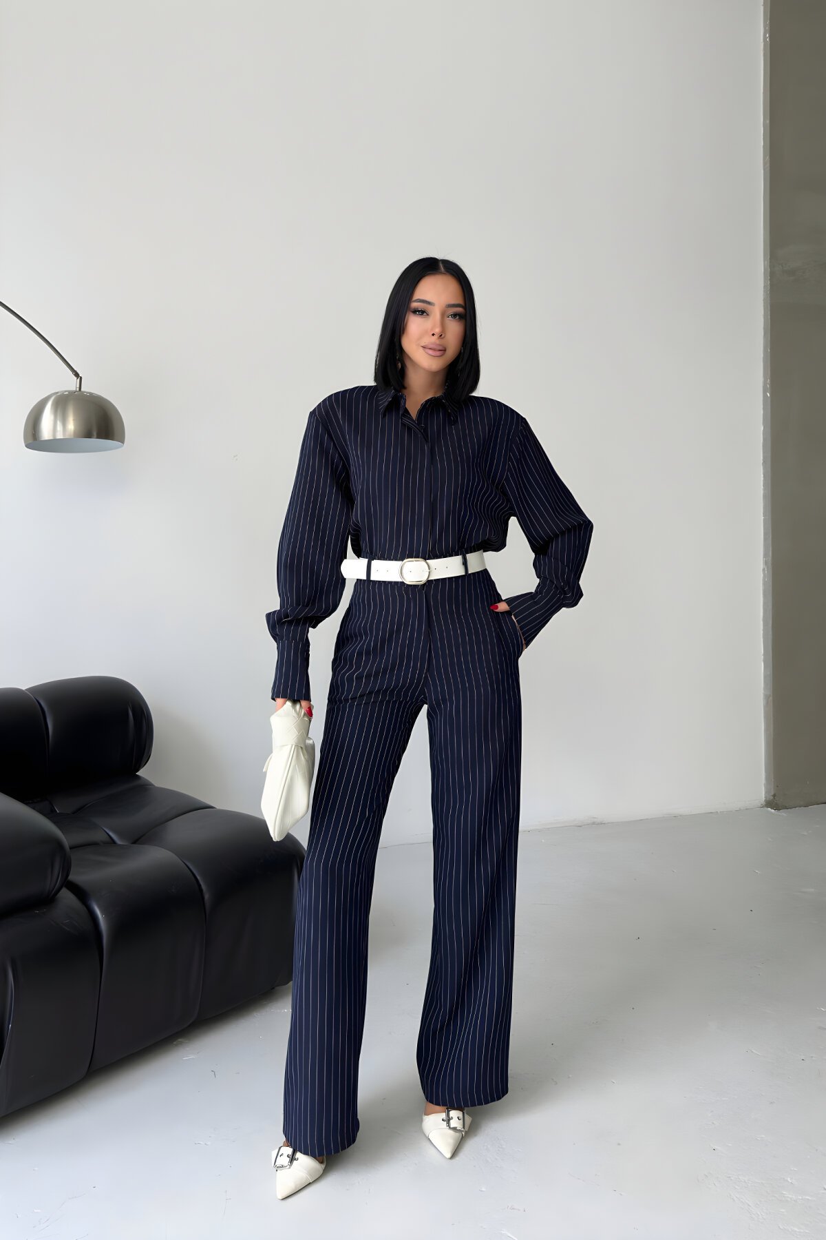 Lacivert Çizgili Gömlek Ve Pantolon İkili Takım - MOZENA