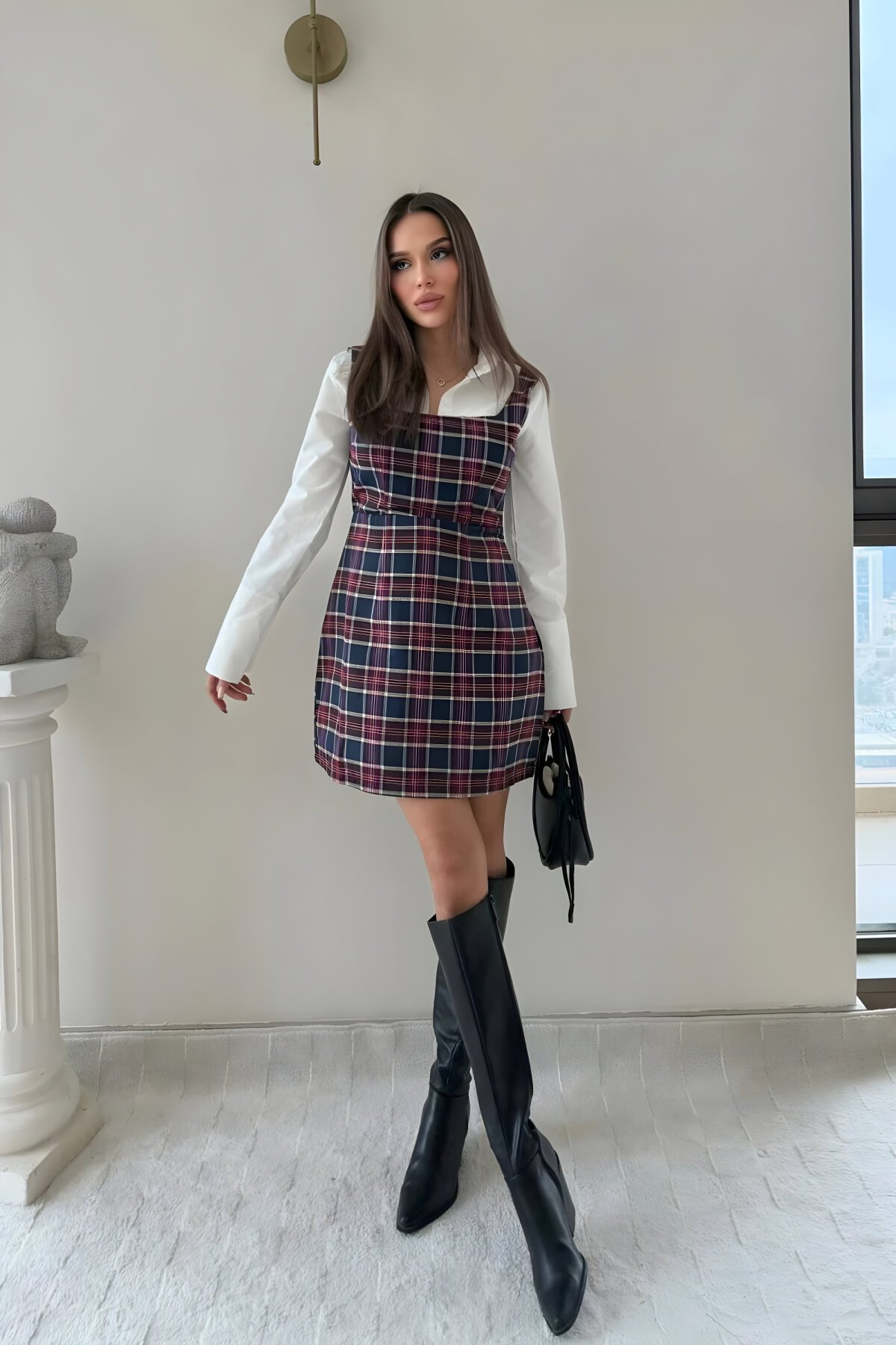 Mini Plaid Strappy Shirt Dress - Navy Blue - MOZENA