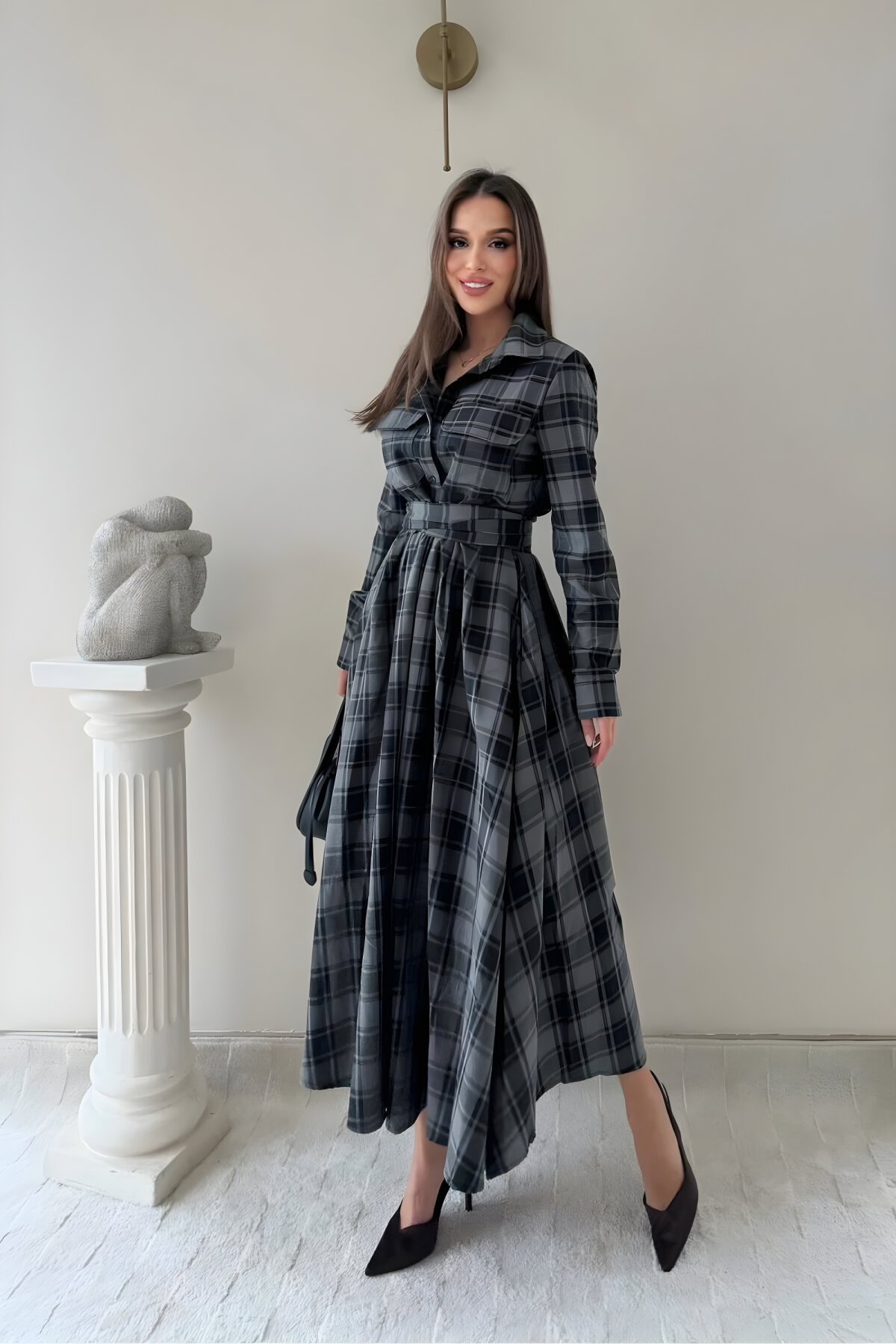 Long Plaid Belted Pocketed Shirt Dress - Black - MOZENA