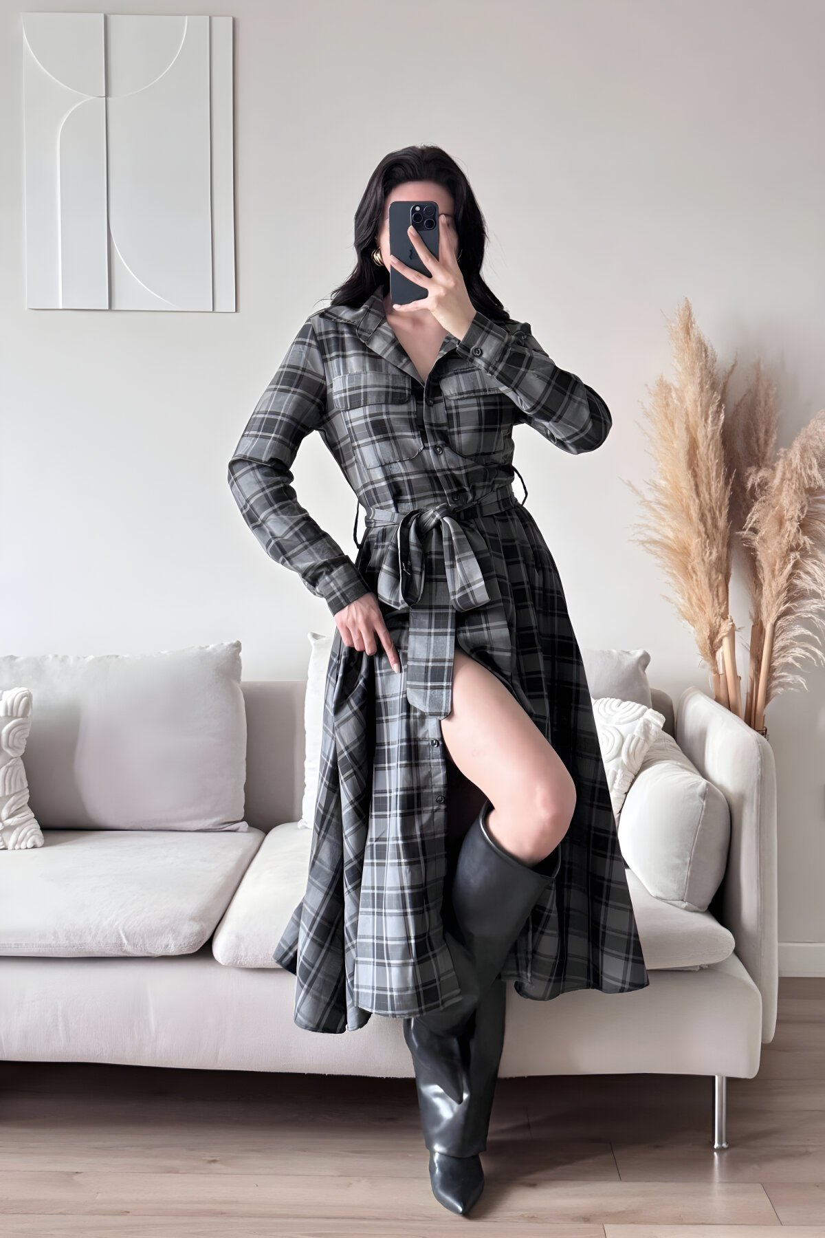 Long Plaid Belted Shirt Dress - Black - MOZENA