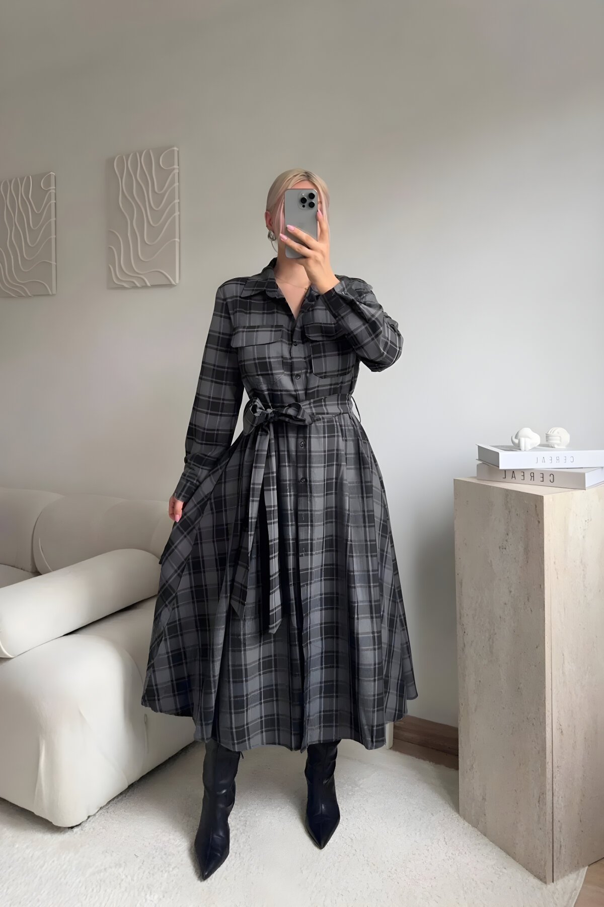 Long Plaid Belted Shirt Dress - Black - MOZENA