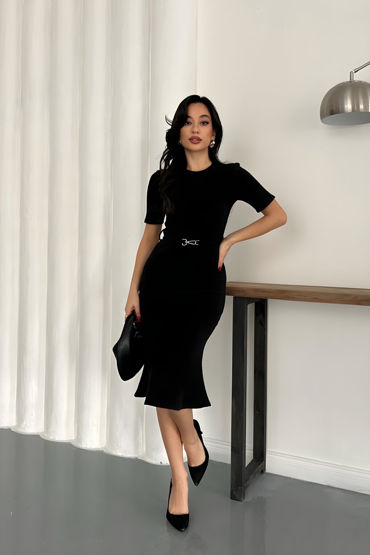 Siyah Midi Kemerli Selanik Kumaş Elbise - MOZENA