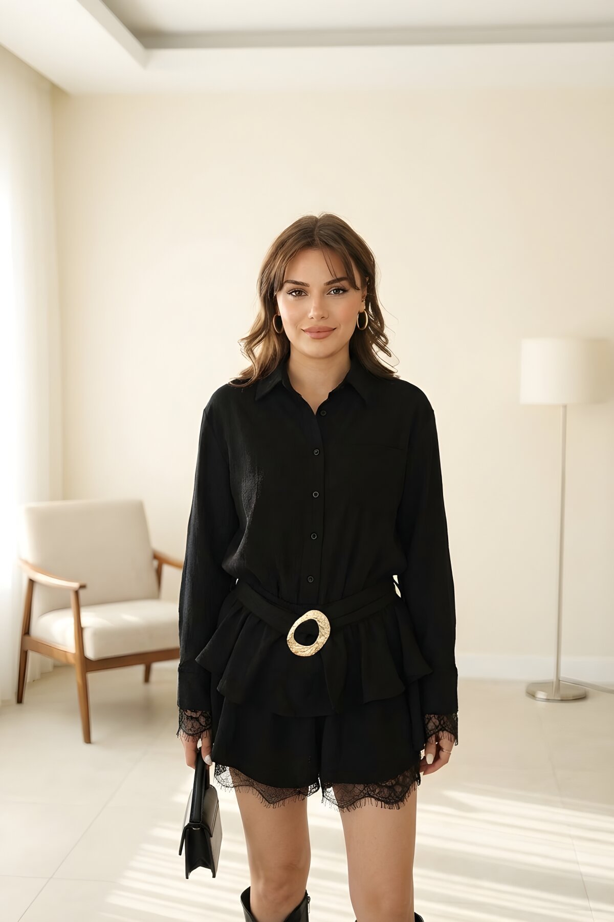 Siyah Mini Gömlek Kemerli Dantel Elbise - MOZENA