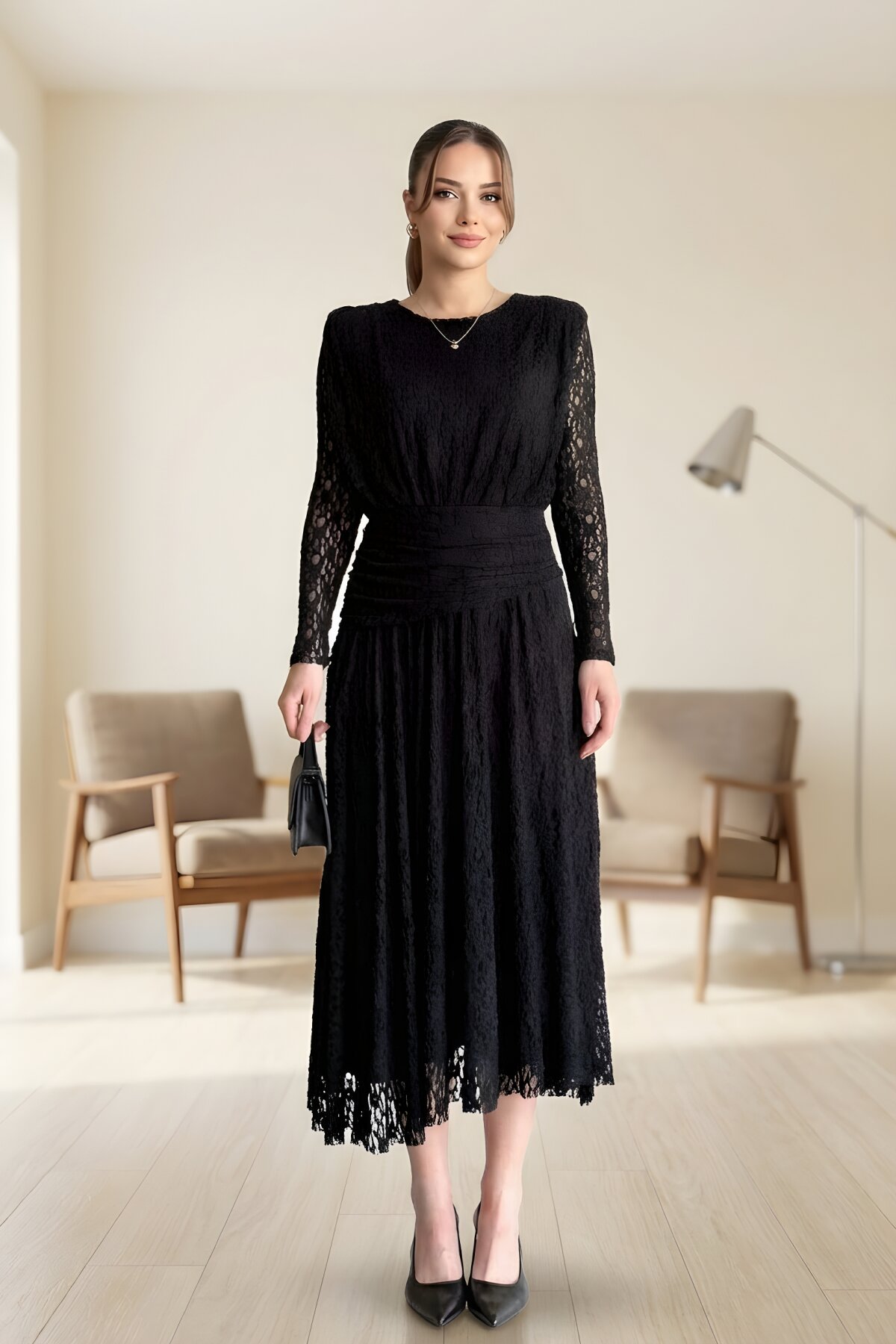 Siyah Uzun Bel Detaylı Dantel Güpürlü Elbise - MOZENA