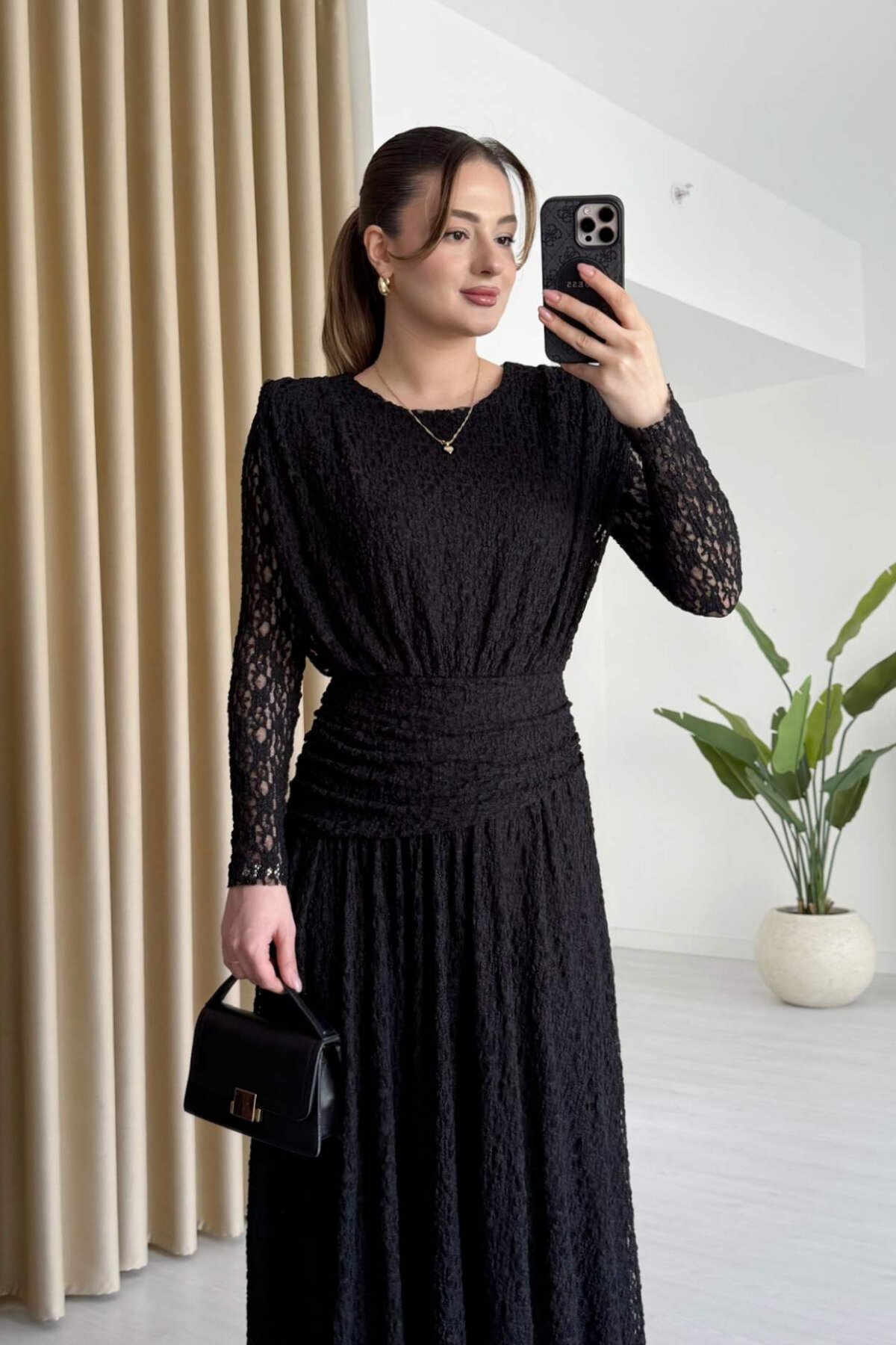 Long Waist-Detail Guipure Lace Dress - Black - MOZENA